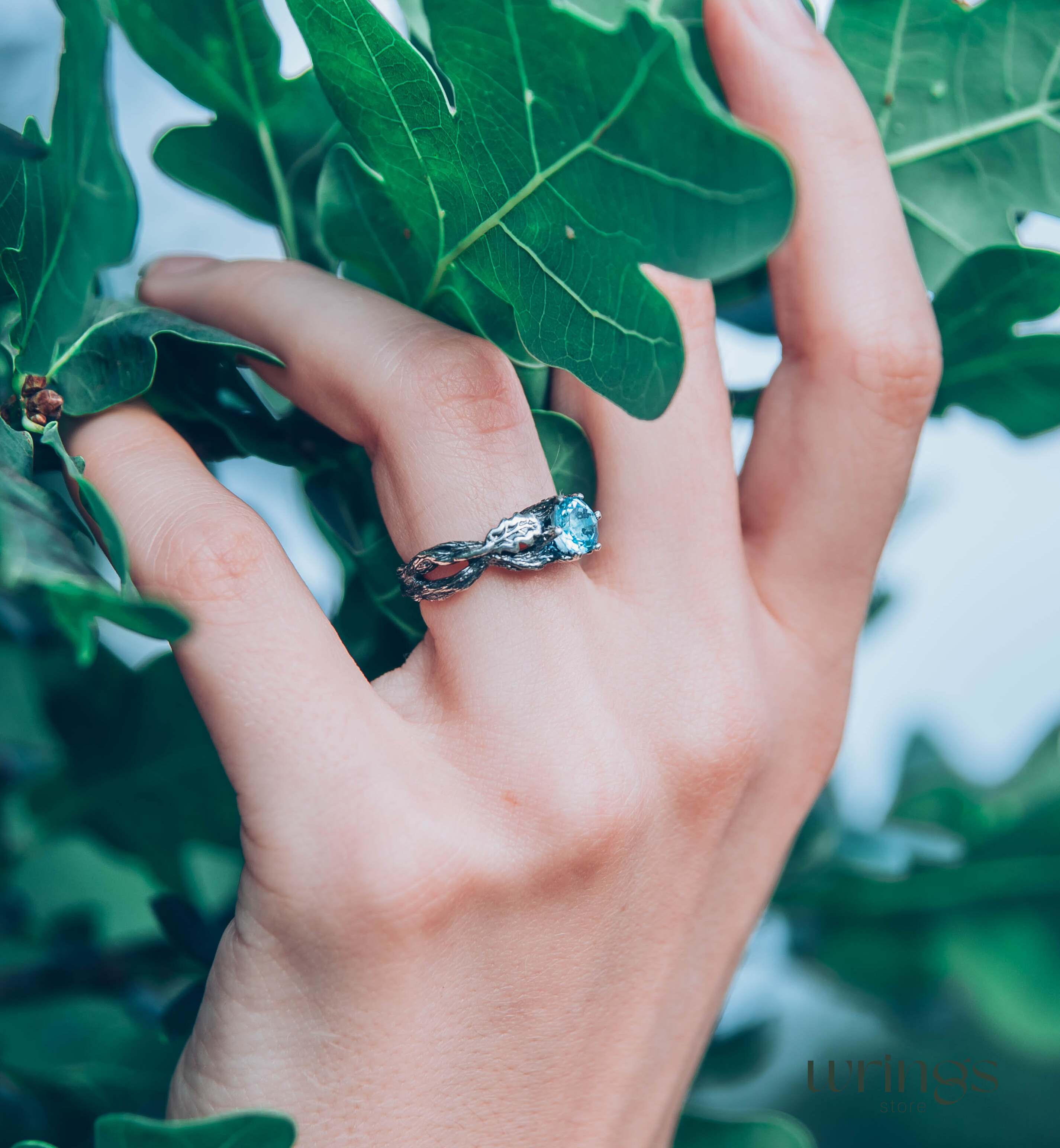 Topaz Engagement Ring — Silver Braided Branch and oak Leaves