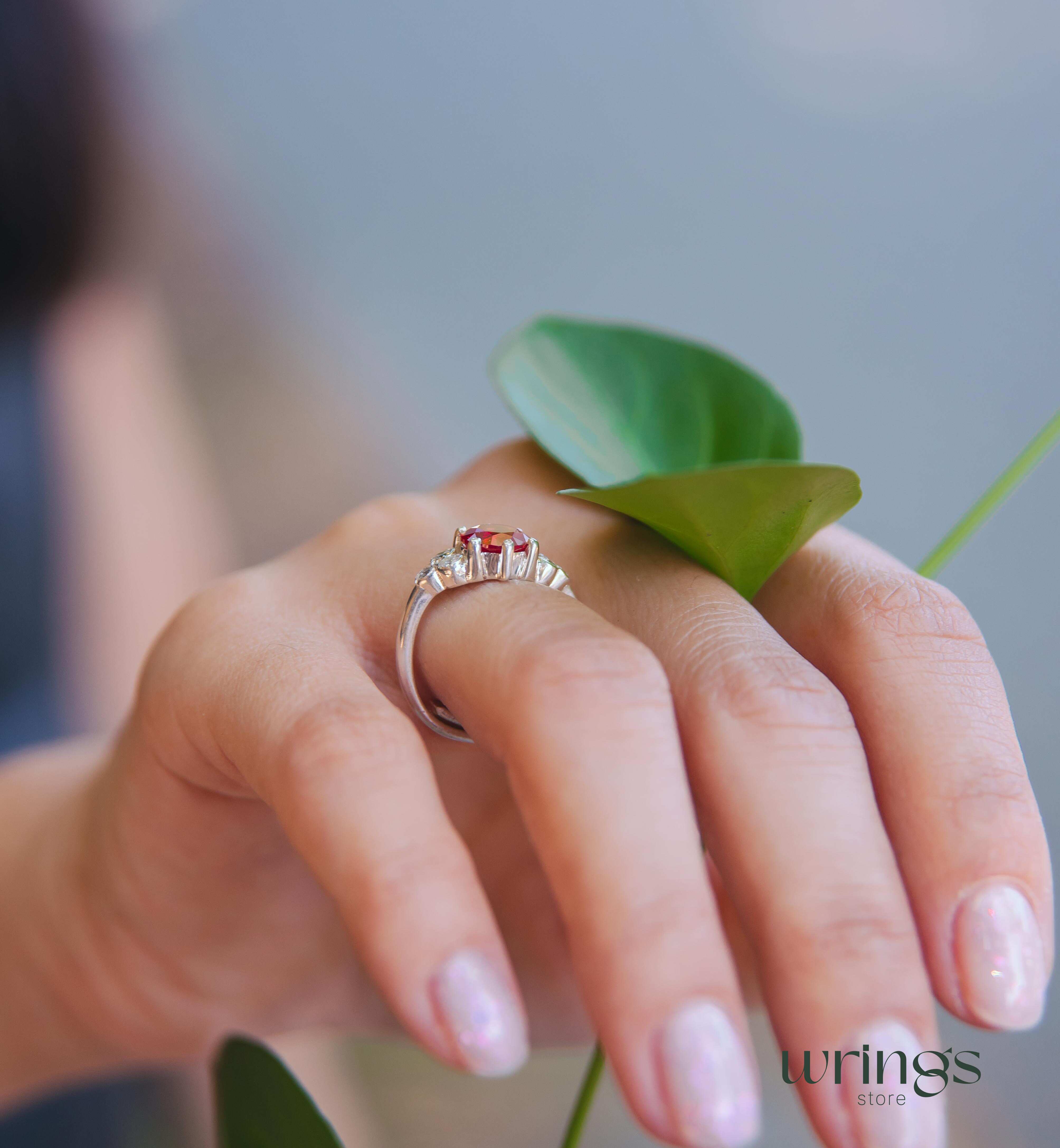 Large Red stone Statement Cluster Engagement Ring Silver