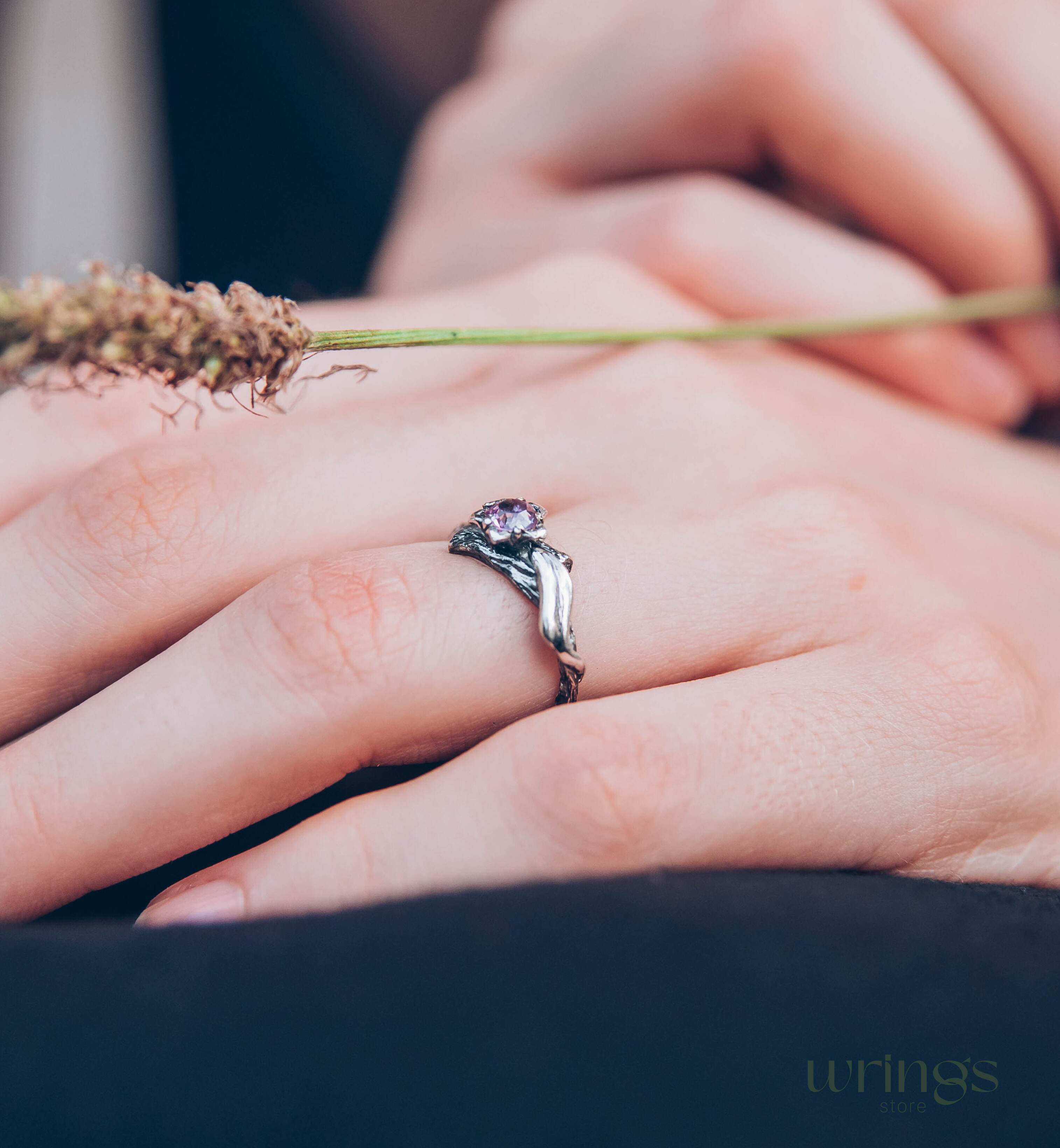 Lilac Amethyst Flower on a Silver dainty Twig Ring for Her