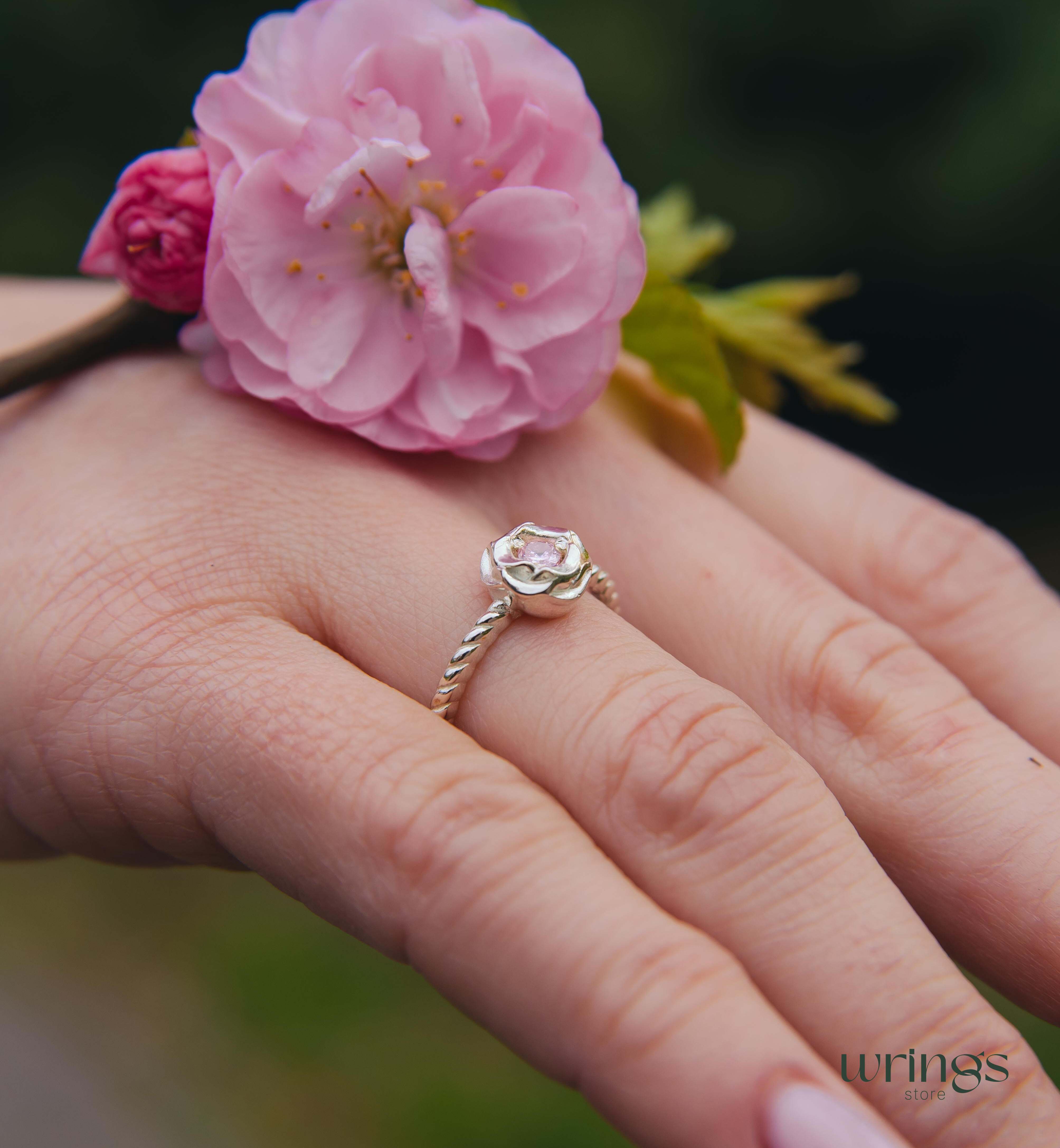 Sterling Silver Flower Ring with Simulated Rose Quartz