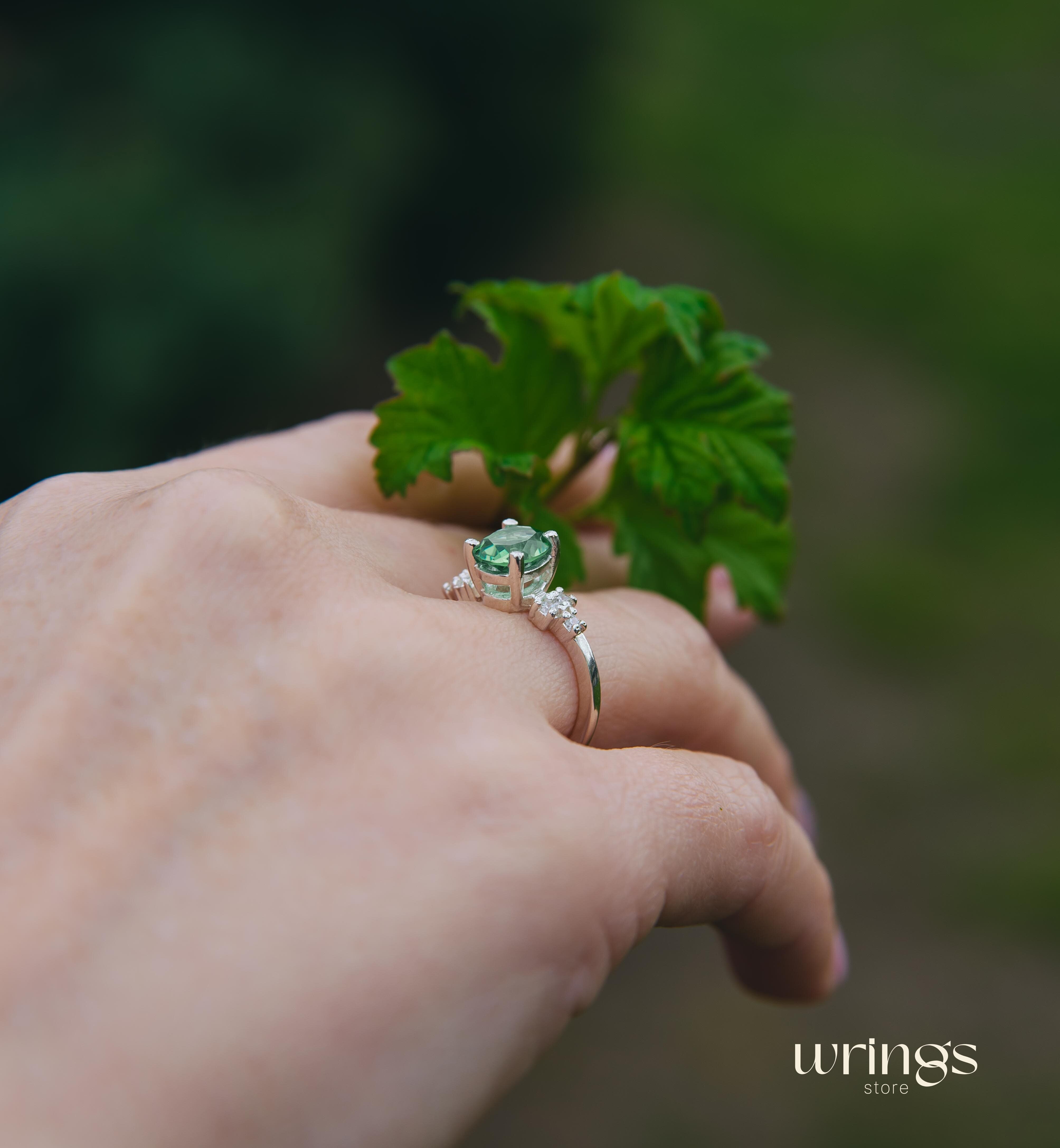 Large Oval Green Quartz Silver Cluster Engagement Ring