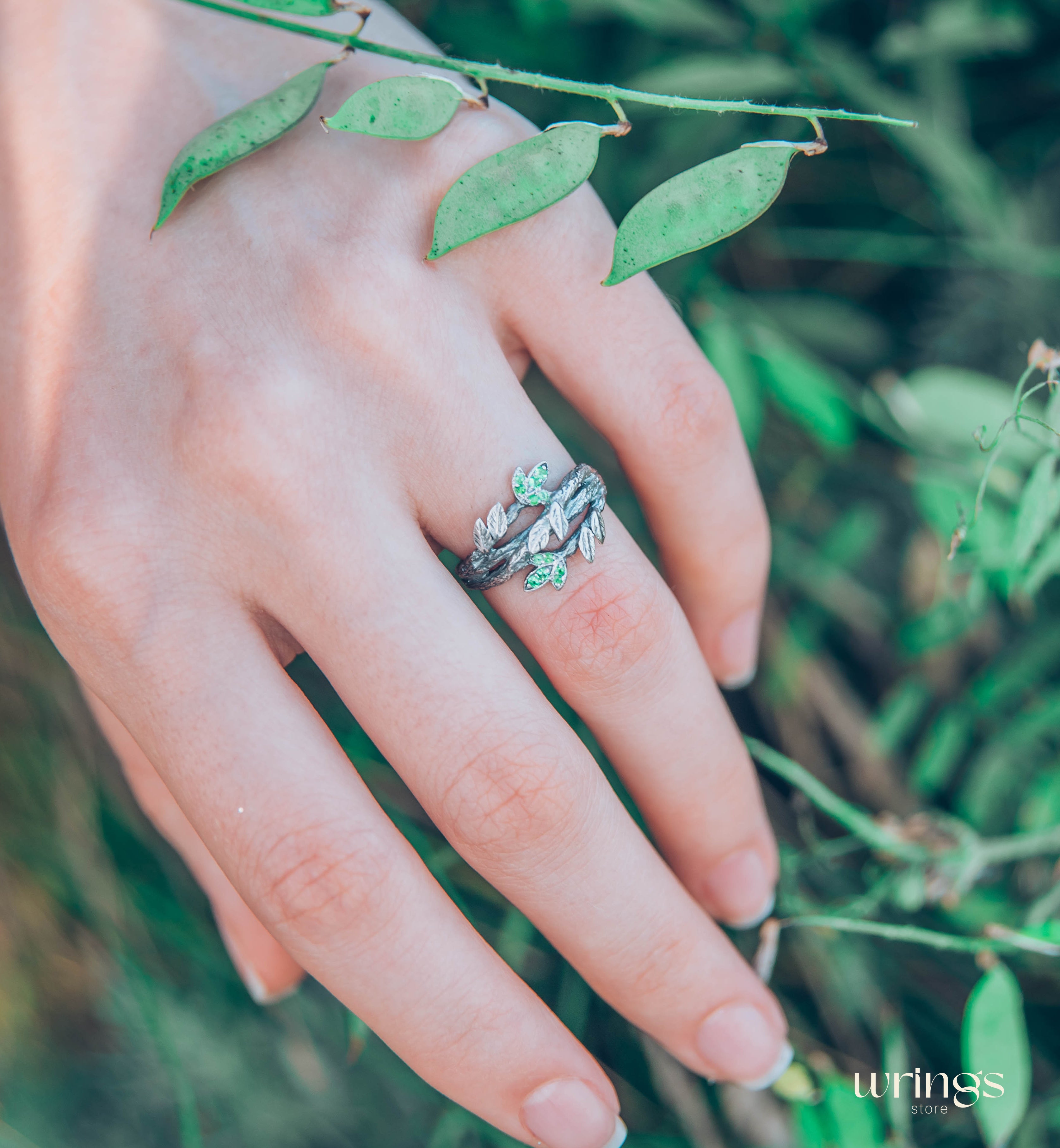 Leaves with Emeralds on the Braided Twigs Ring
