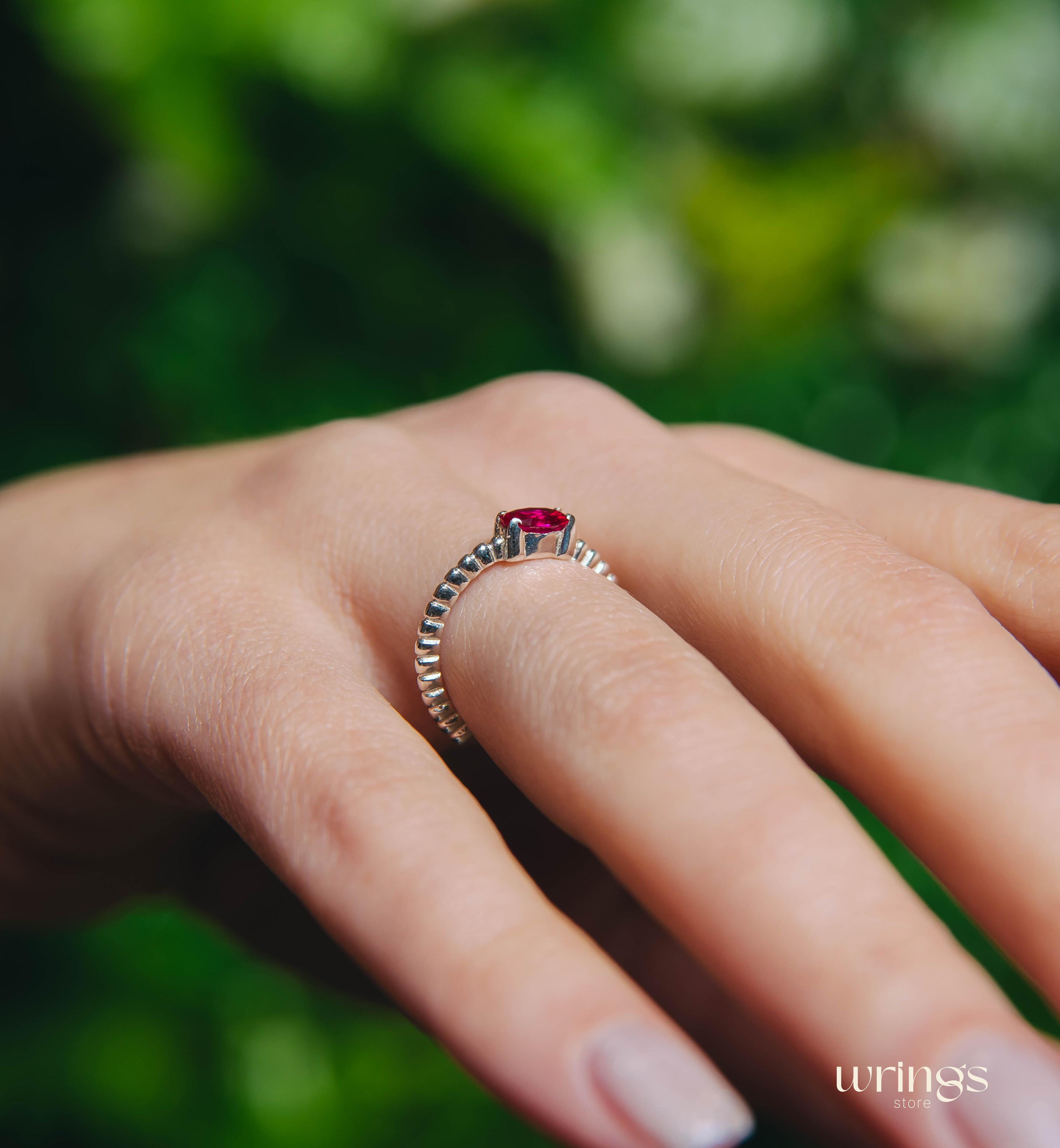 Dainty Beaded Silver Engagement Ring Pink Tourmaline