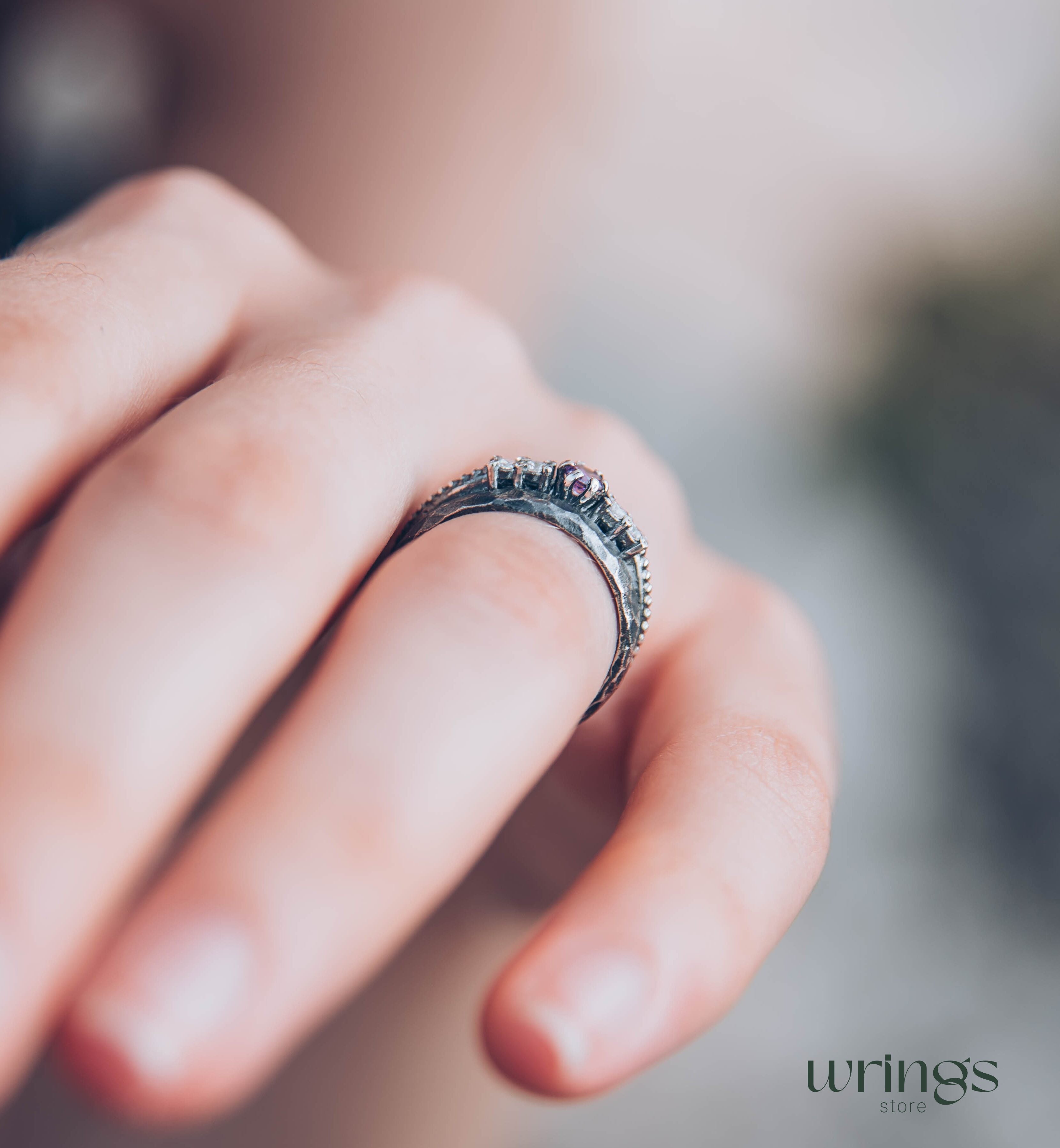 Unique Silver Women's Hammered Ring with Amethyst and CZ