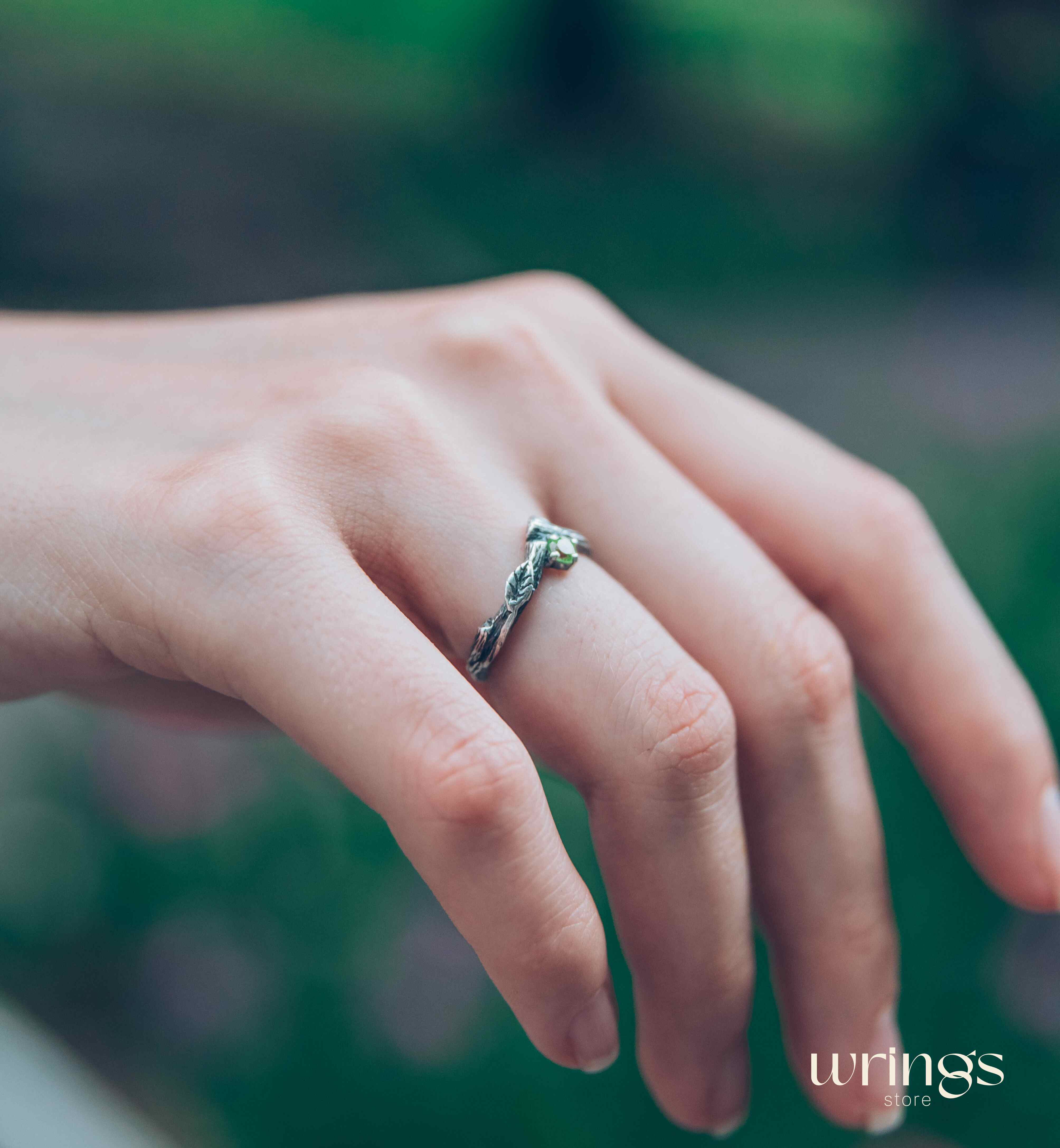 Twig Engagement Ring with Leaves — Peridot Tiny Ring