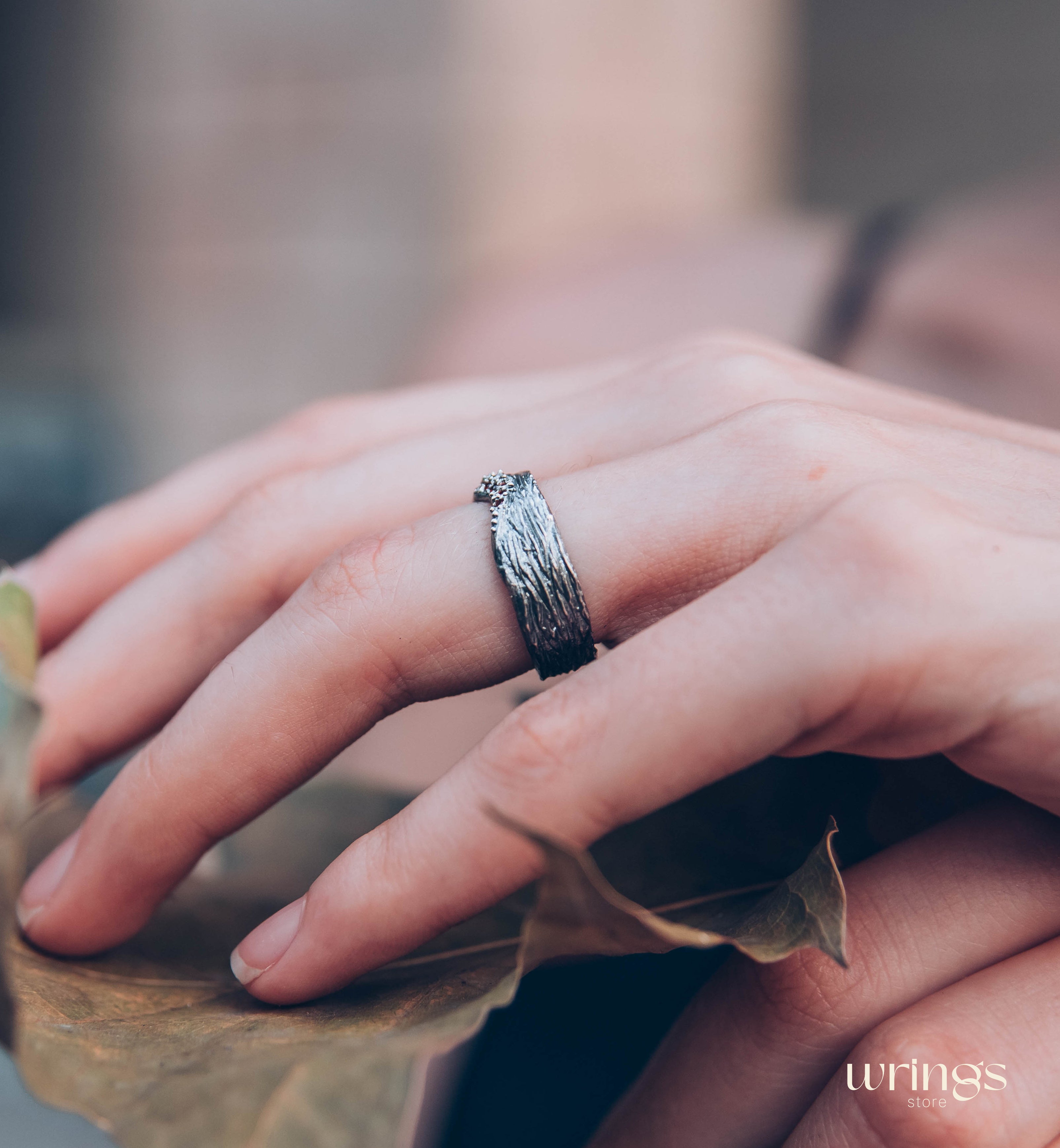 Silver Tree bark Curved Wide Wedding Band with Garnets