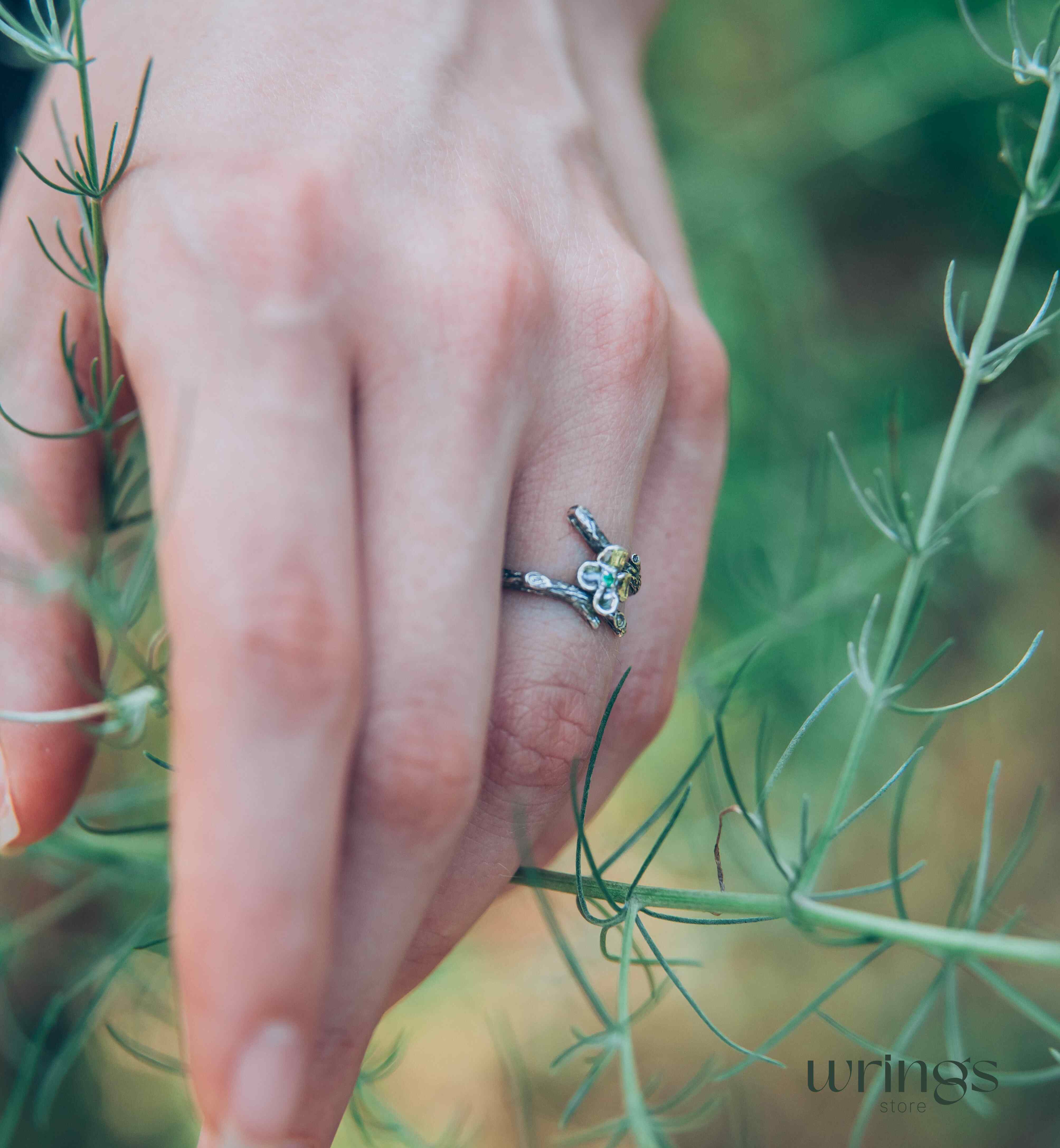 Dainty Quatrefoil flower Ring with Emerald and tiny Branch