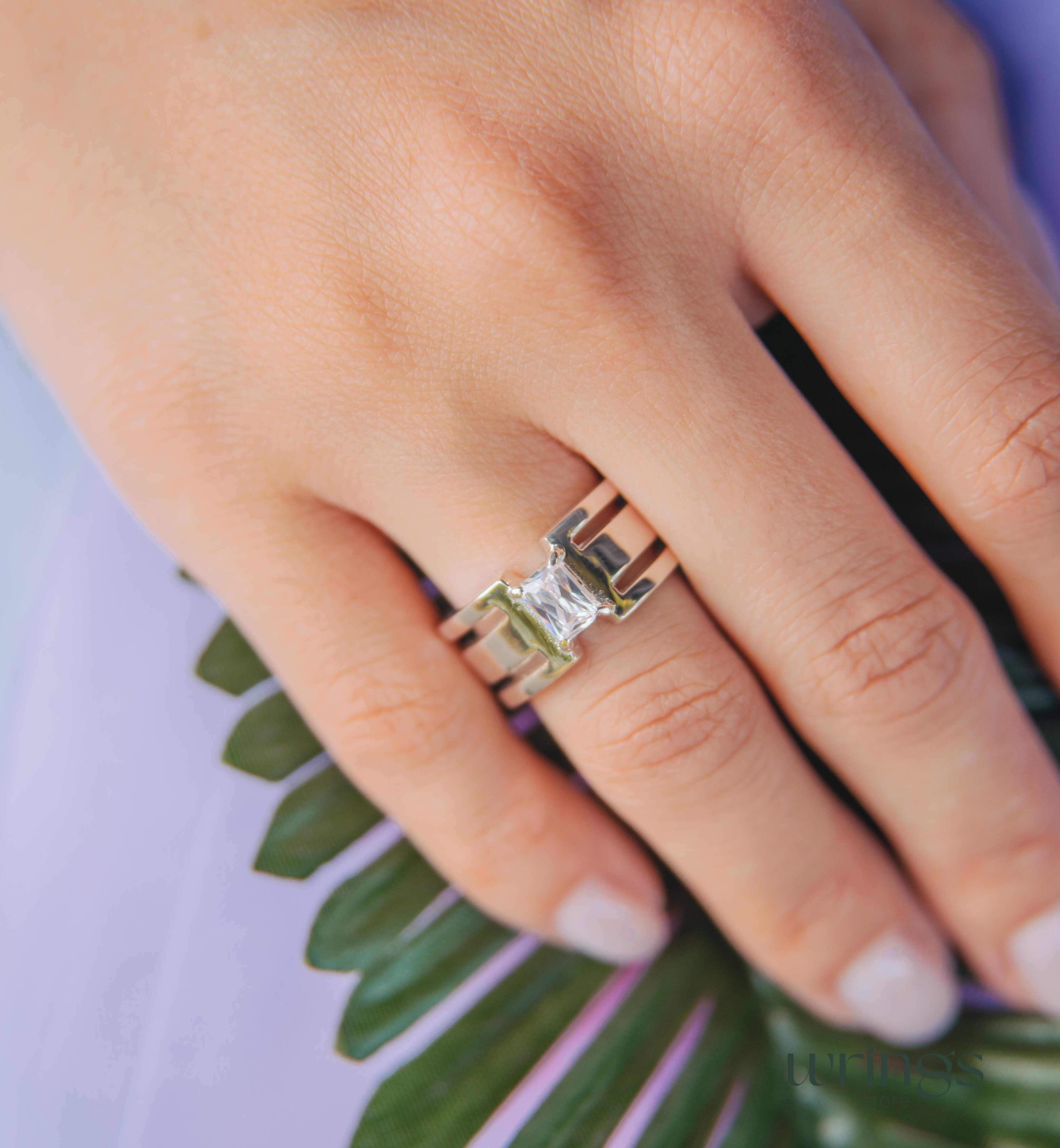 White Stone Unisex Wide Wedding Band Sterling Silver