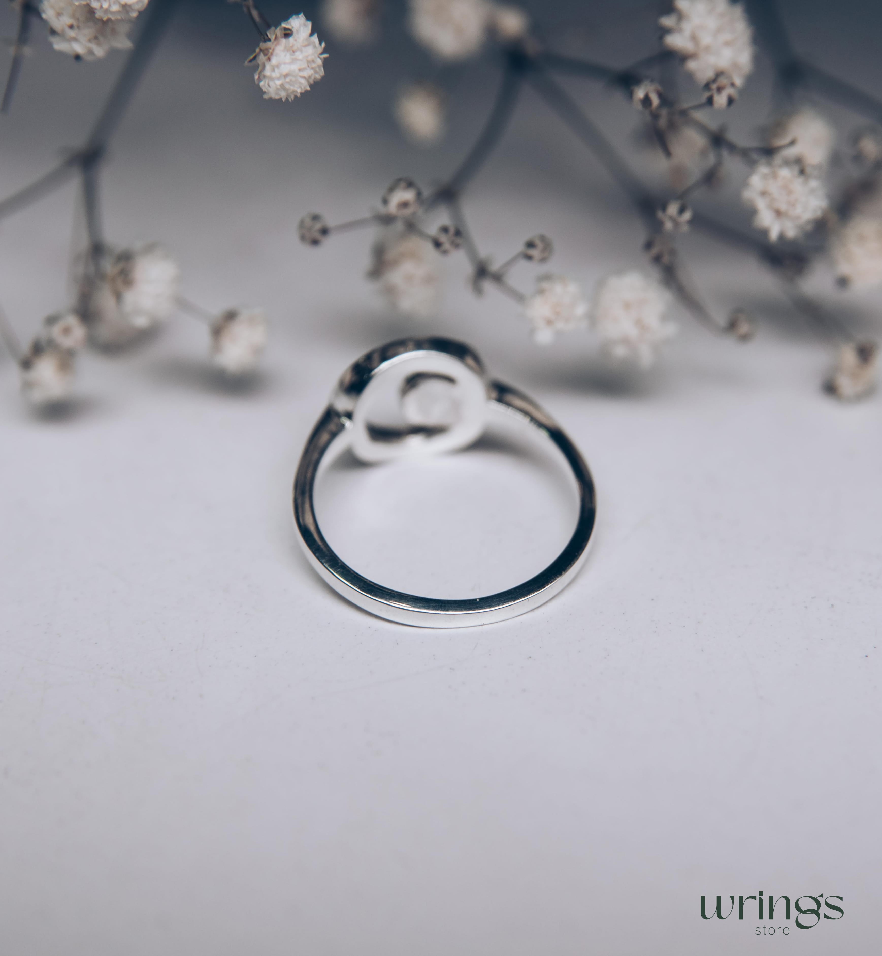 Open Circle Engagement Ring Silver Pave Set Diamonds