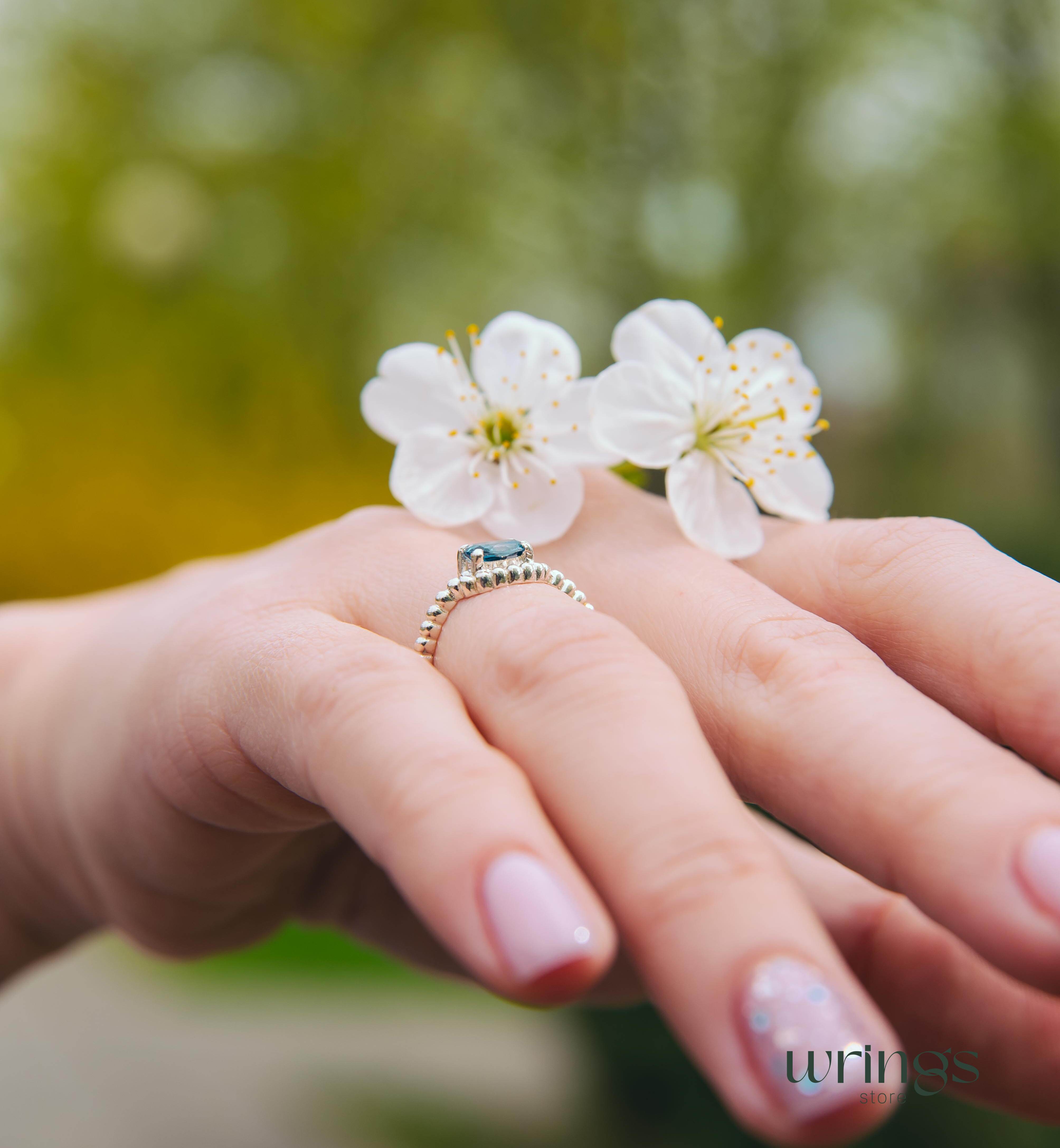 Beaded Band Oval London Blue Topaz Engagement Ring Silver