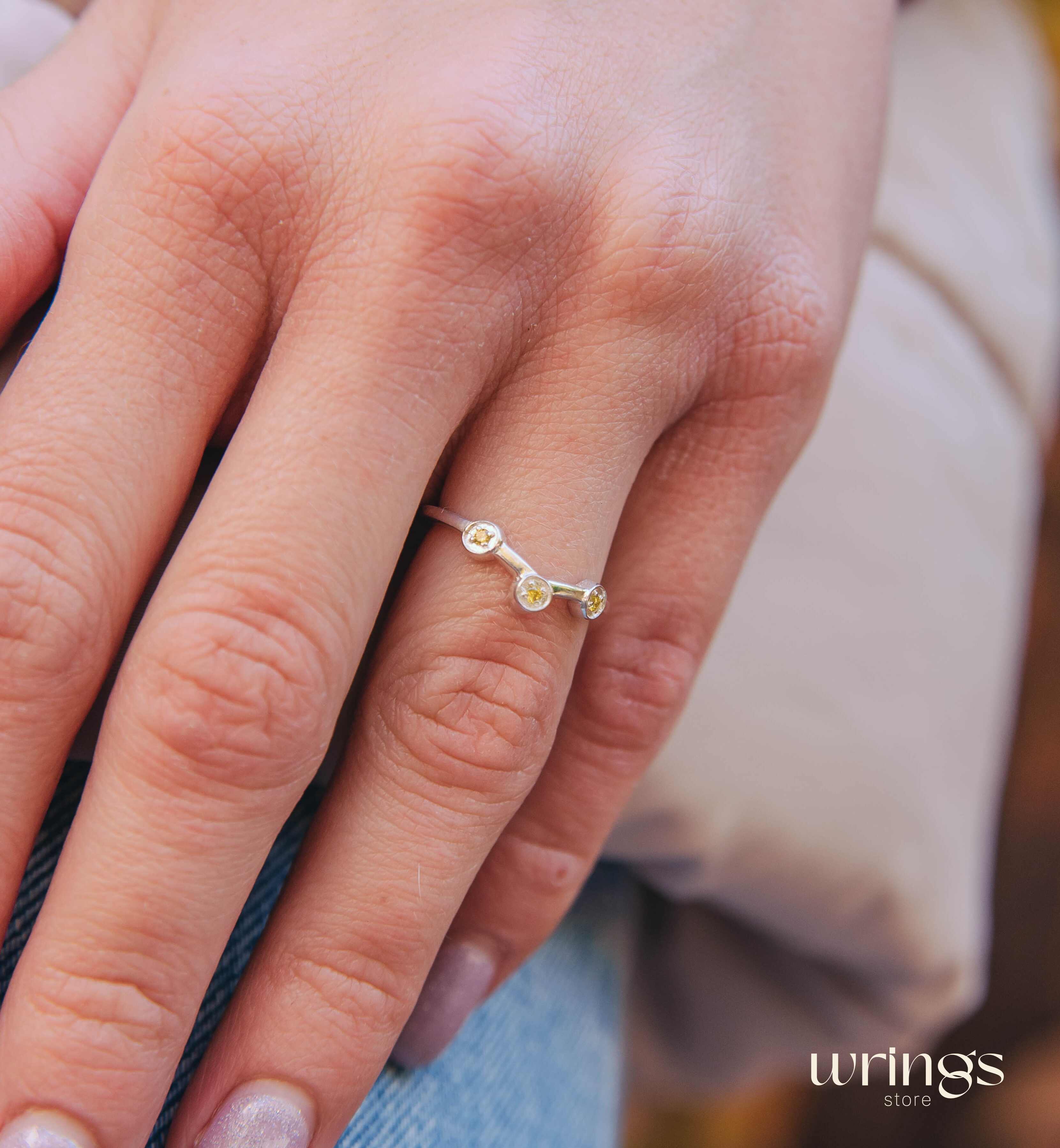 Cute Citrines in 3 Small Dots Silver Curved Ring