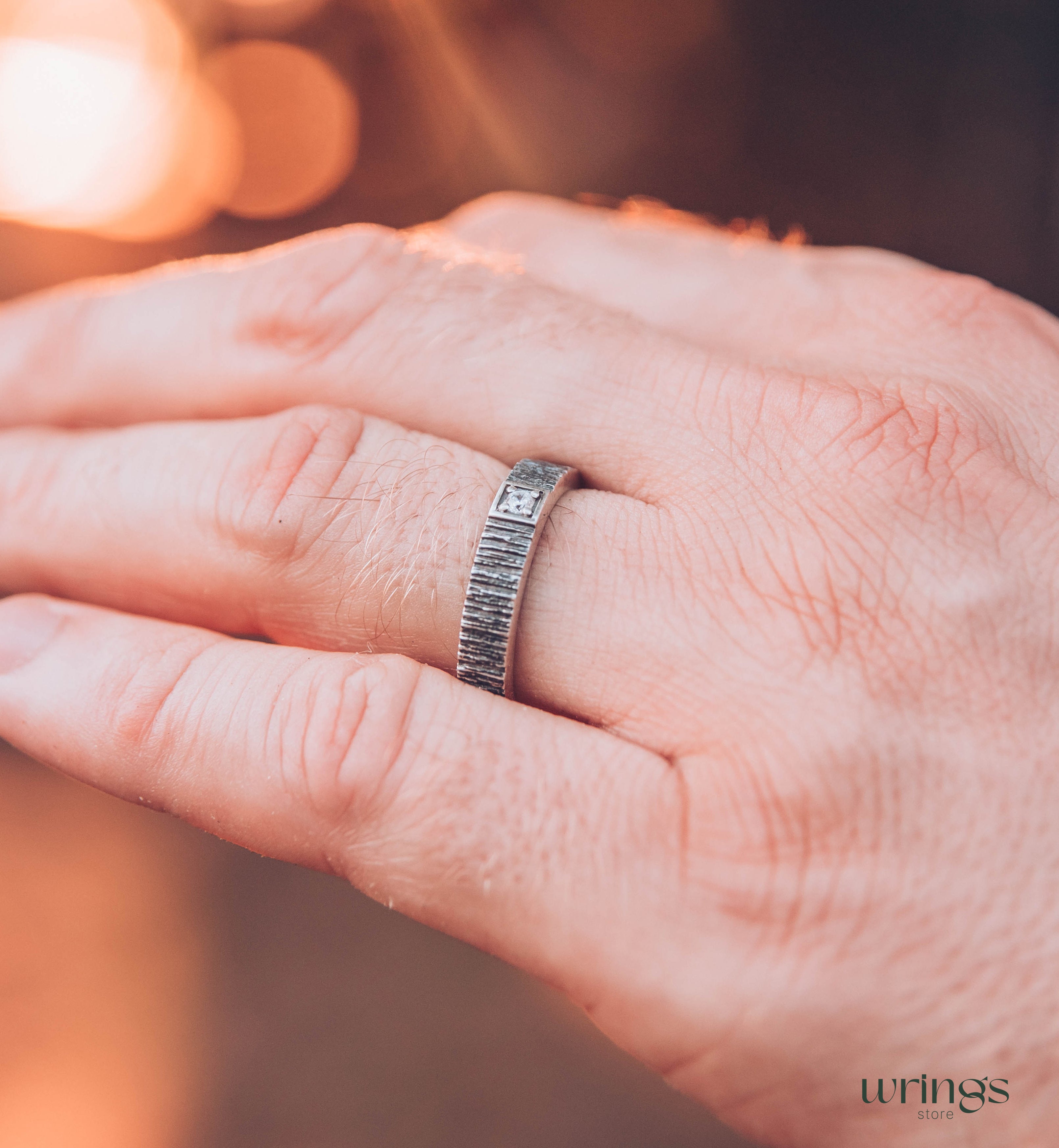 Simple Diamond Men's Wedding Ring band with Tree bark texture