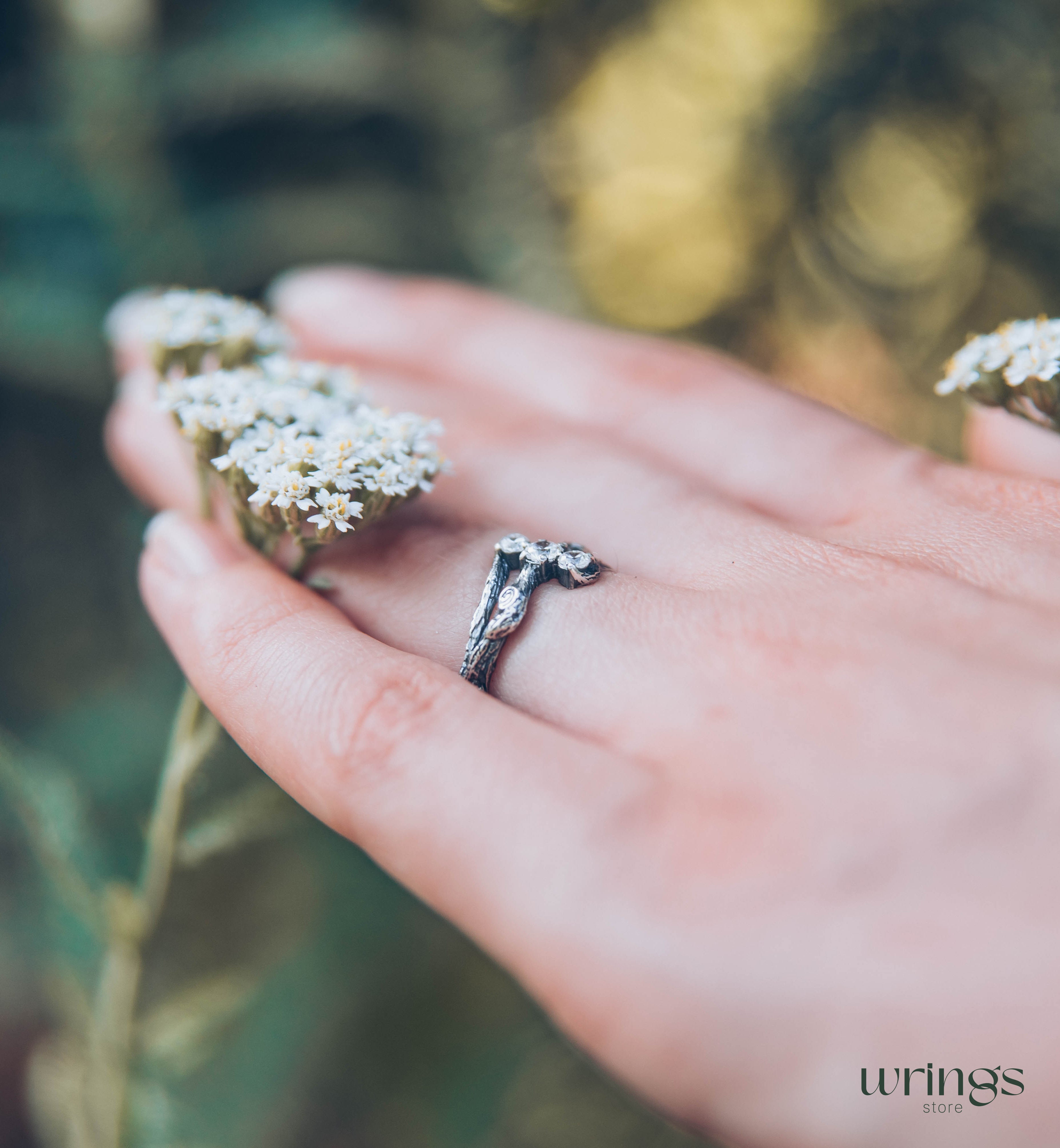 Three Stones on a Three Silver Twigs Cute Engagement Ring