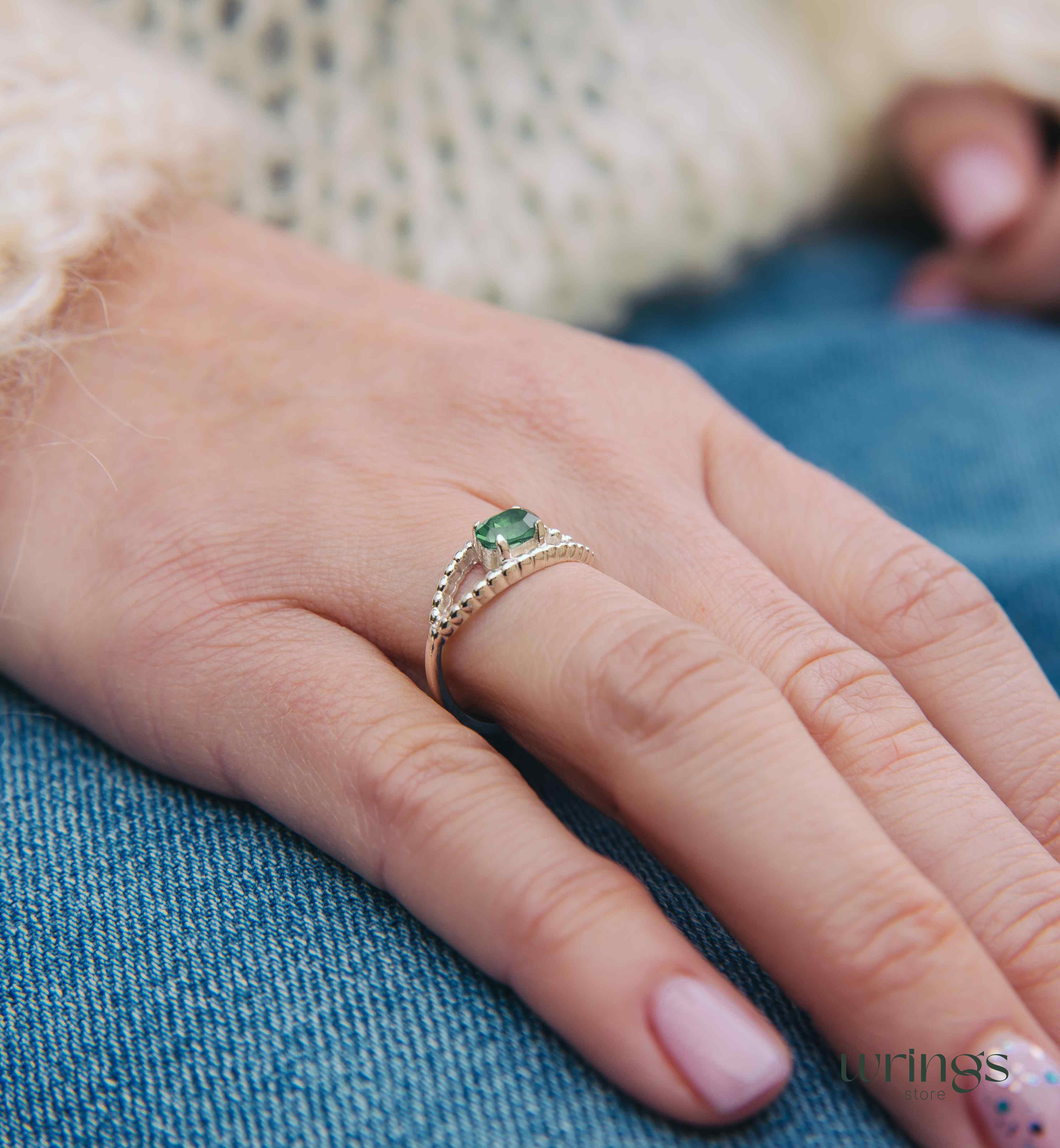 Beaded Silver Evil Eye Ring with Magical Green Quarz