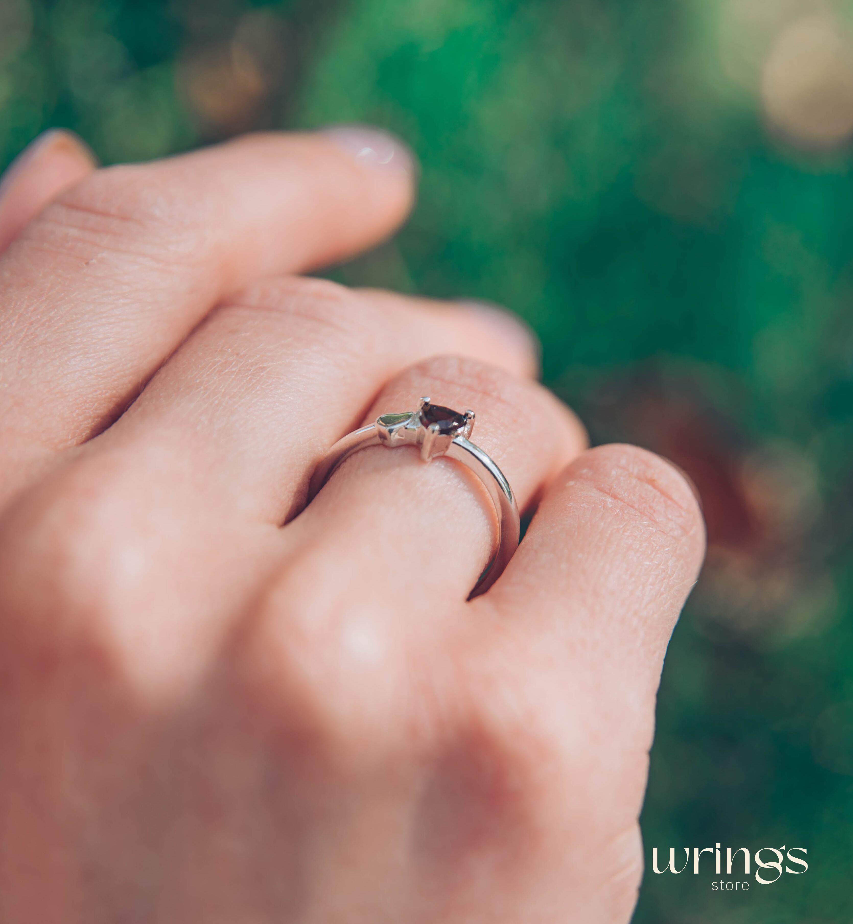 Trillion cut Garnet Silver Ring with Side Heart