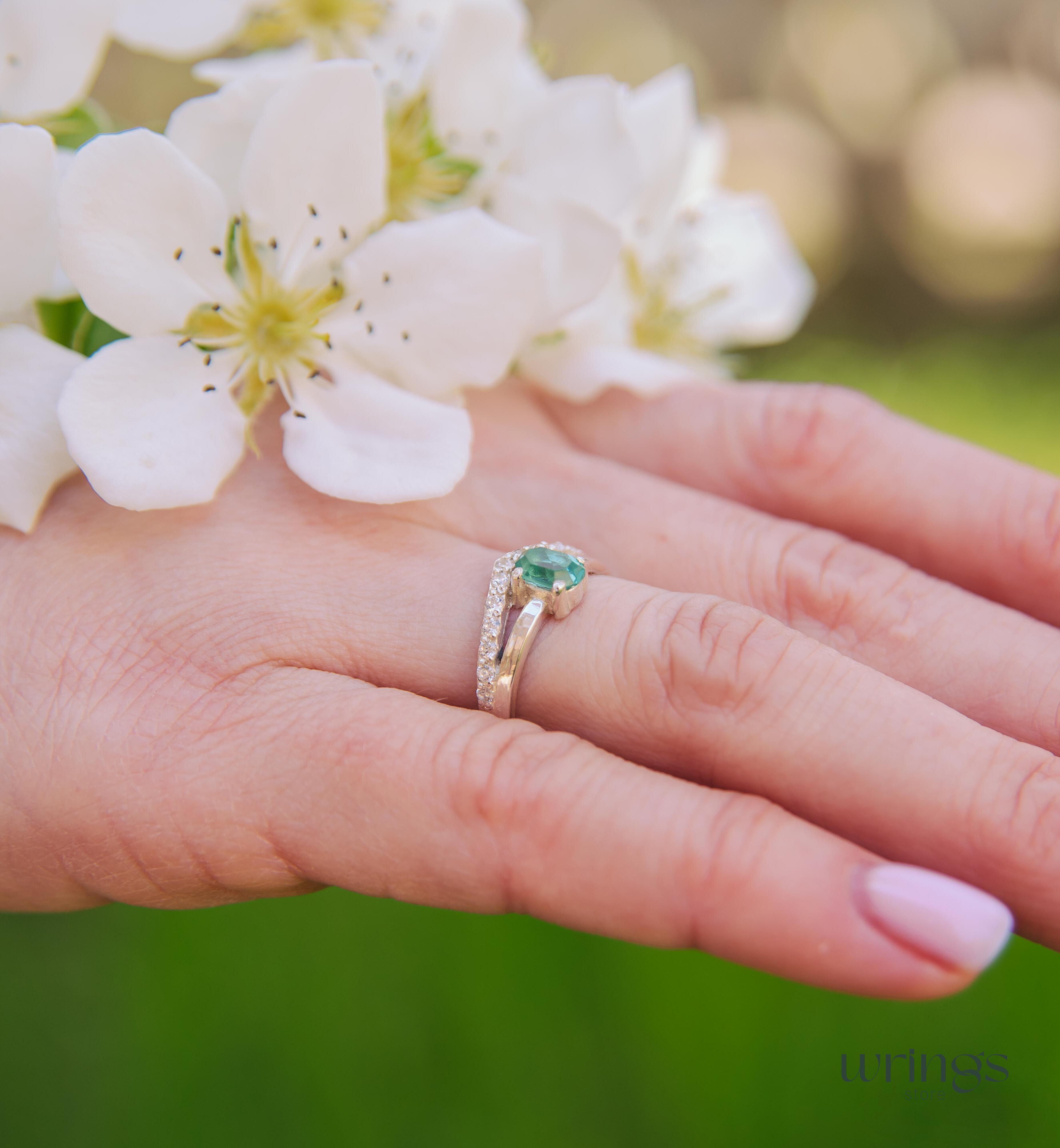 V Shaped Engagement Ring Vertical Oval Green Quartz & CZ