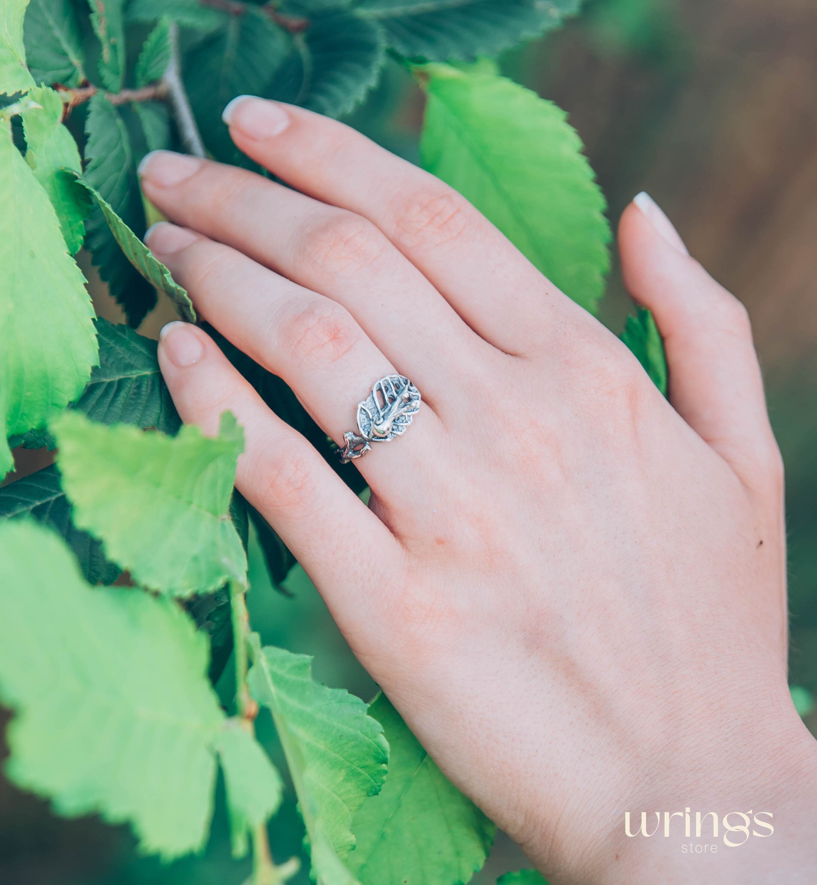 Nature dainty Snail on leaf Engagement Ring in Solid Silver