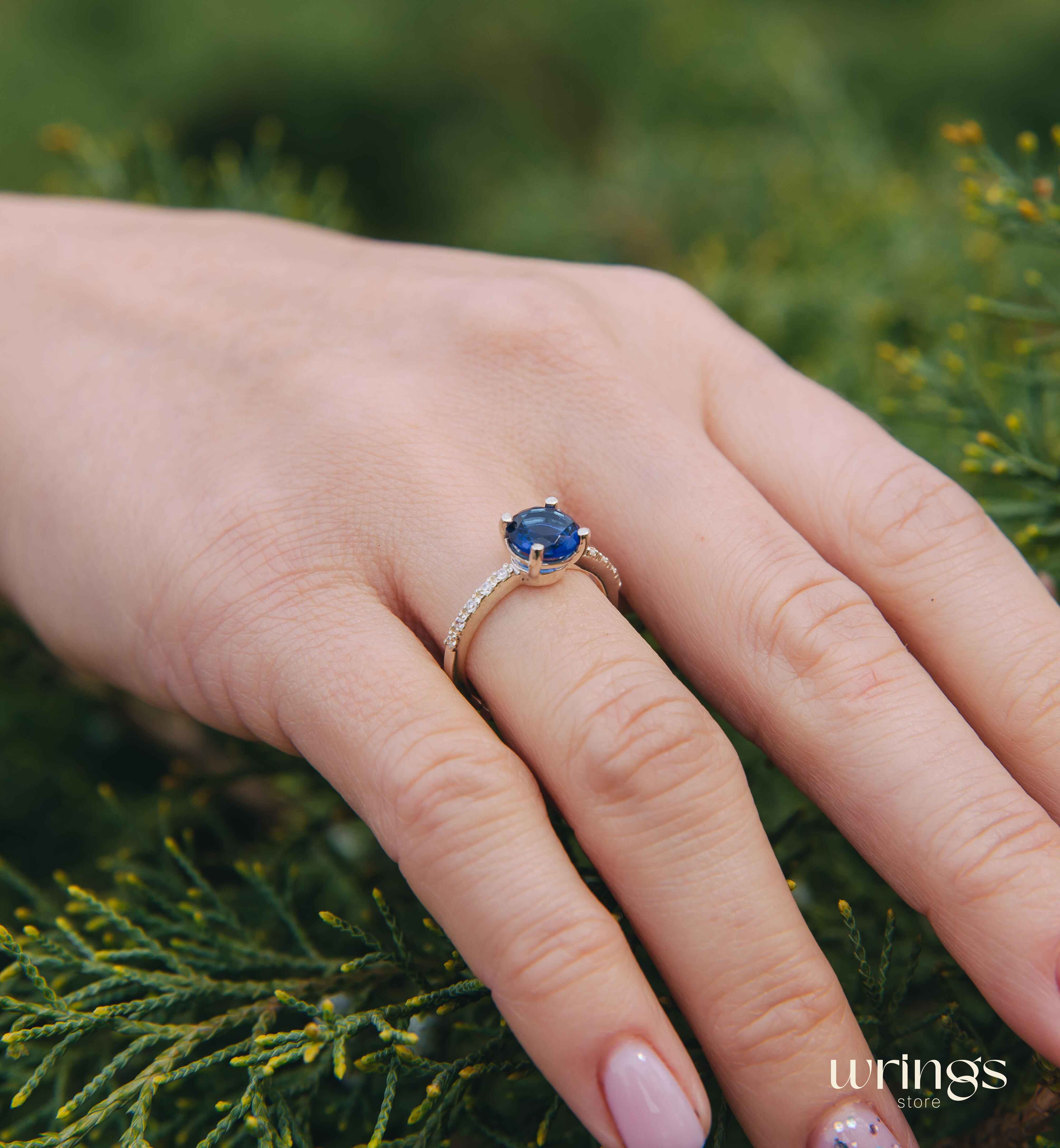 Large Simulated Sapphire Engagement Ring with Side Stones