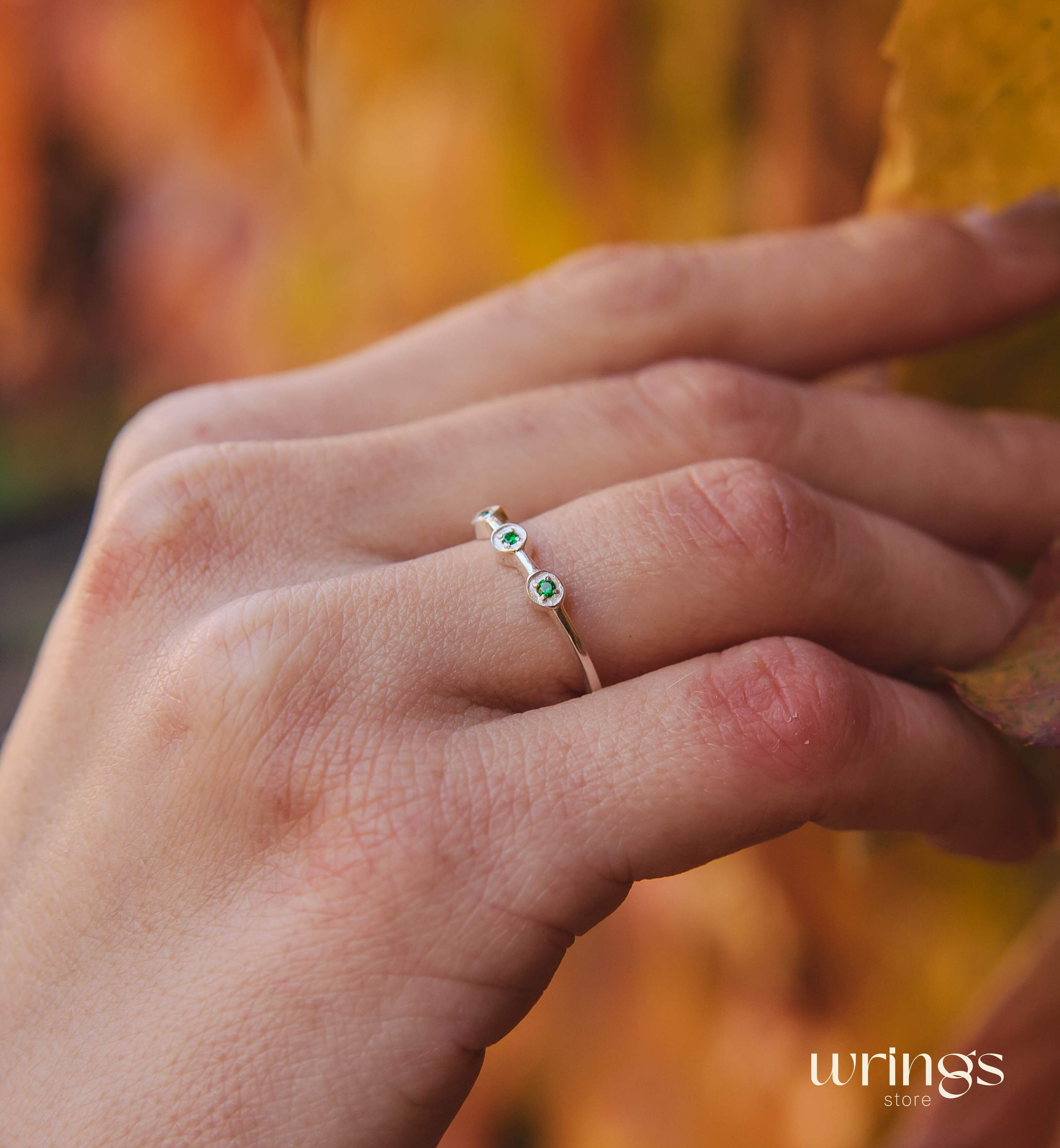 Dainty Emeralds in 3 Small Dots Silver Stackable Ring