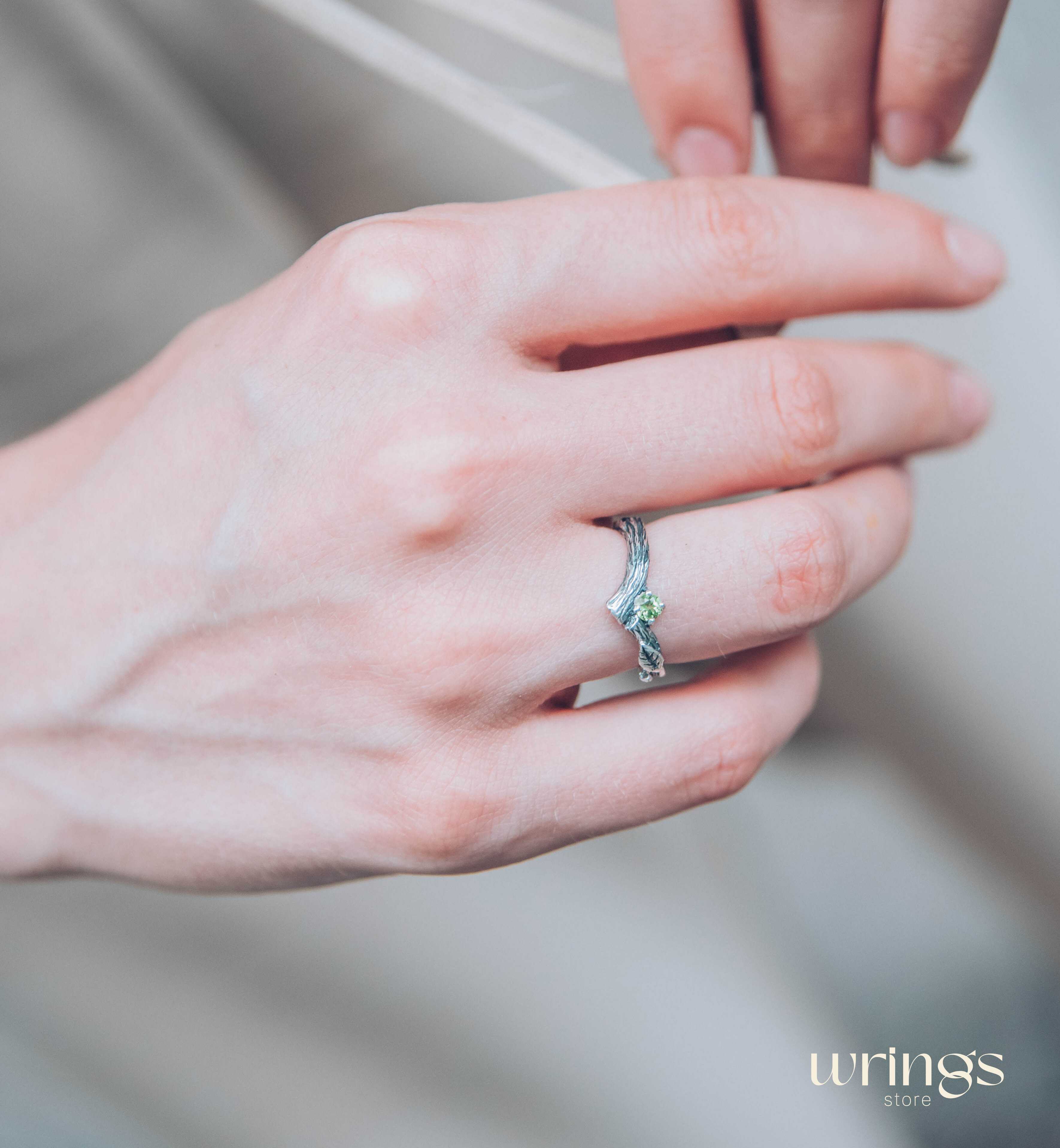 Twig Engagement Ring with Leaves — Peridot Tiny Ring