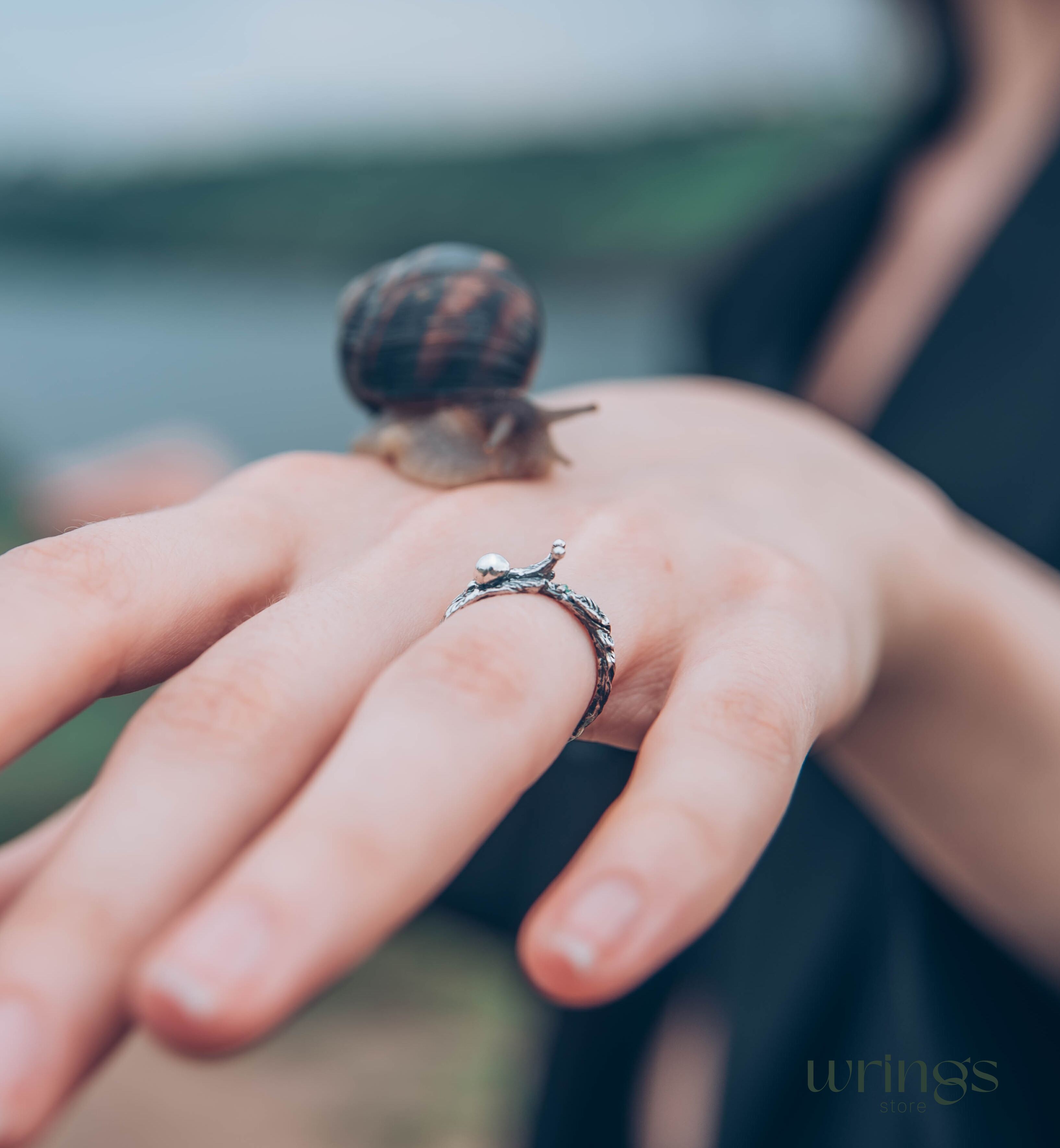 Snail on a Tiny Silver Twig with Leaf Emerald Ring