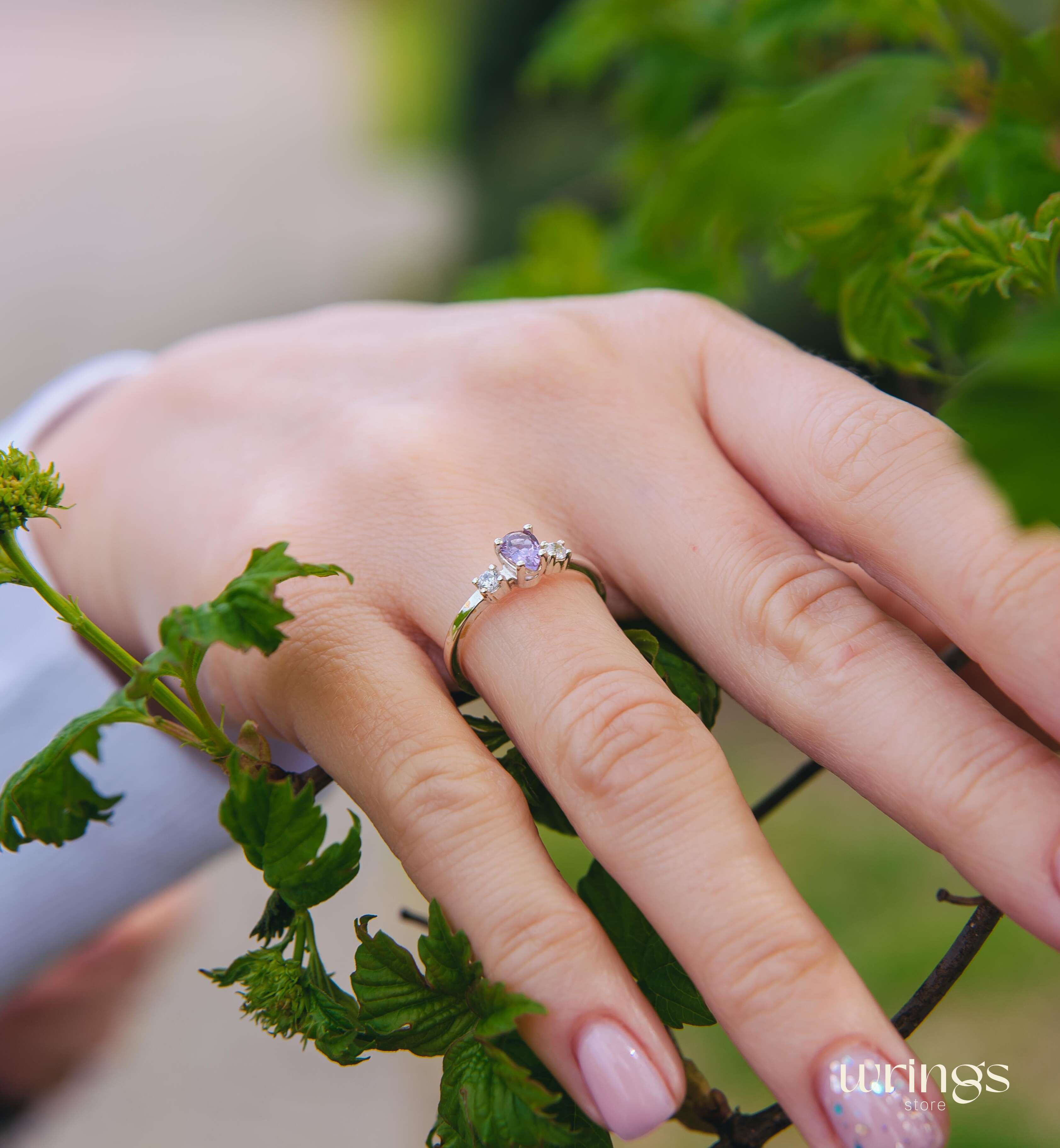 Central Pear cut Amethyst Three Stone Engagement Ring Silver