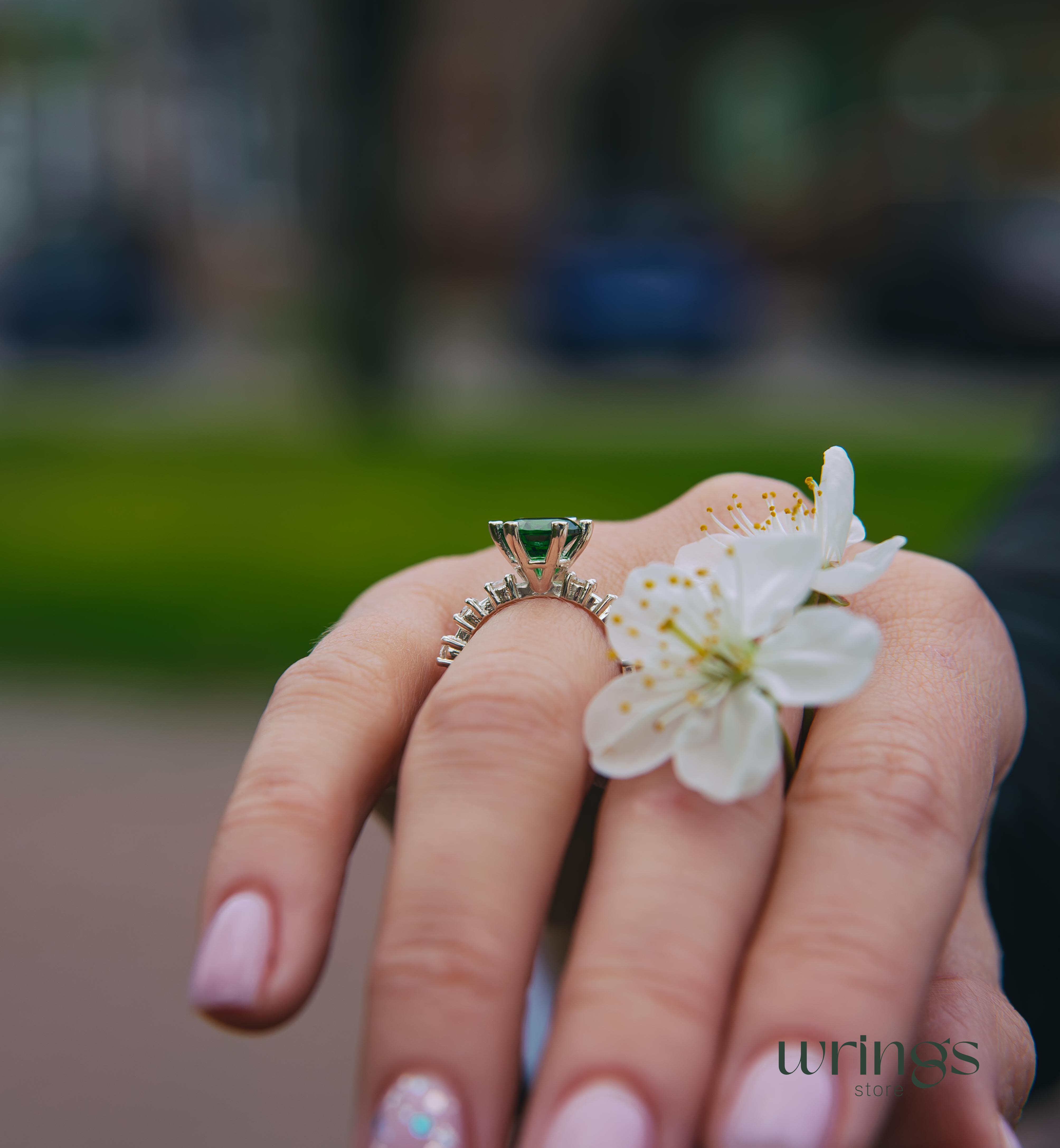 Large Green Stone & CZ Unique Silver Engagement Ring