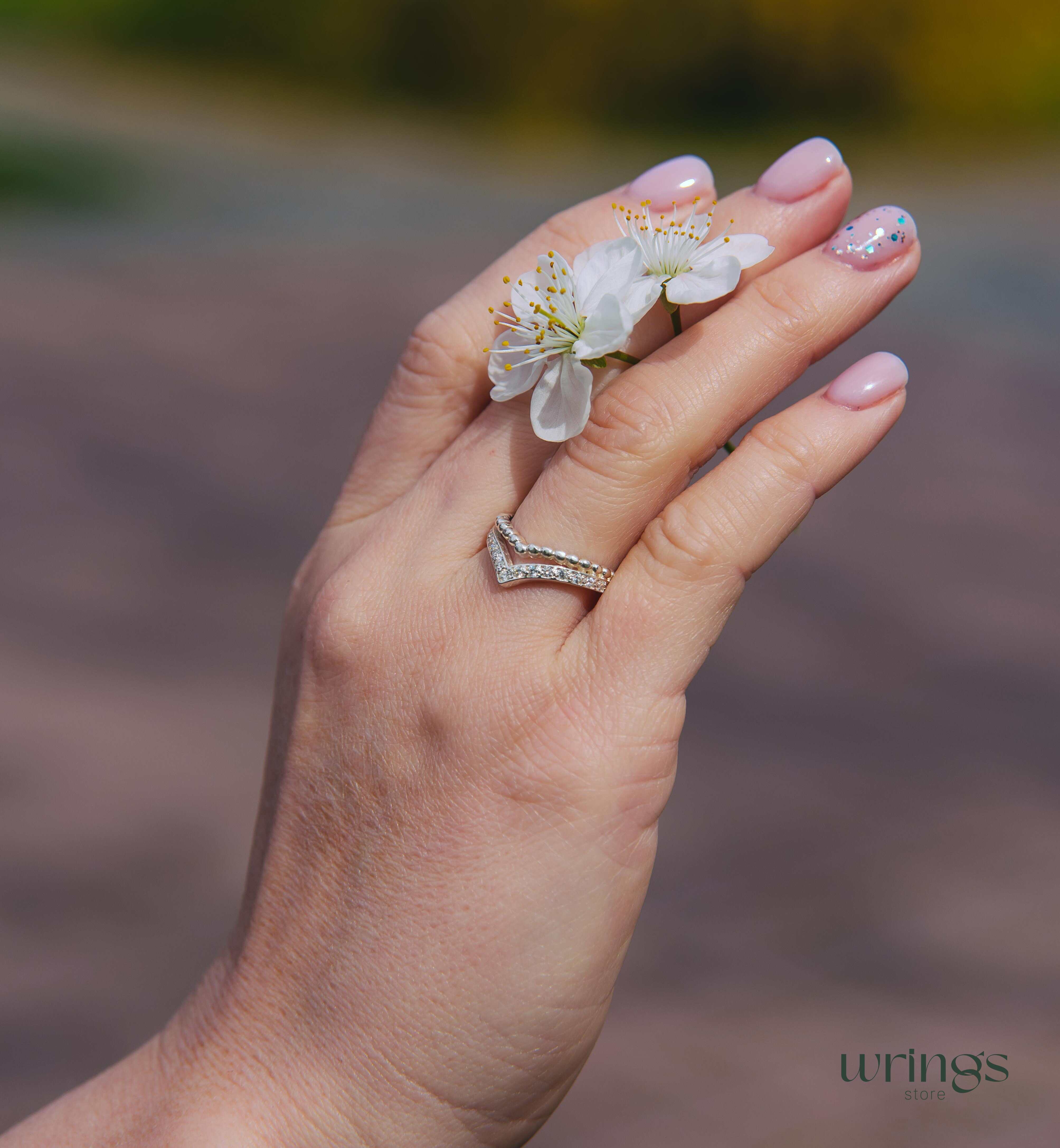 Natural Diamonds in Beaded Silver Chevron Wedding Ring