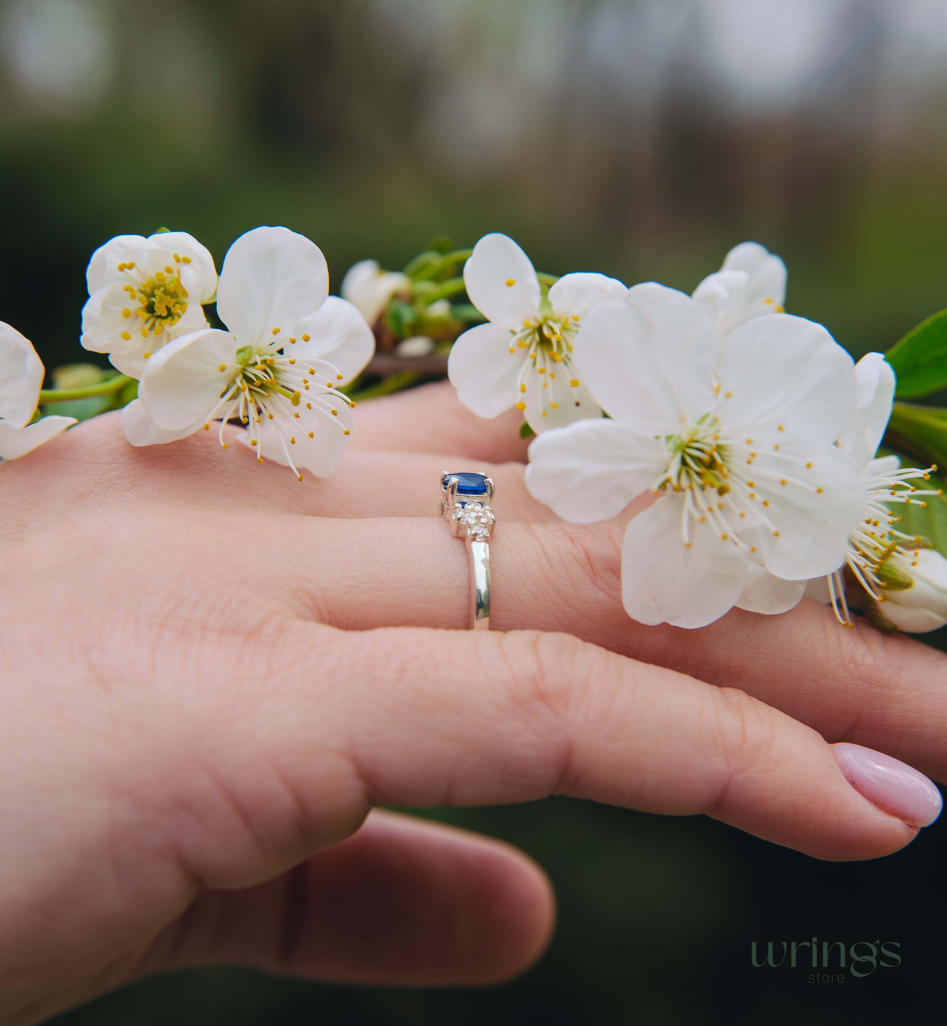 Simulated Sapphire Silver Ring - Cluster Side Stones