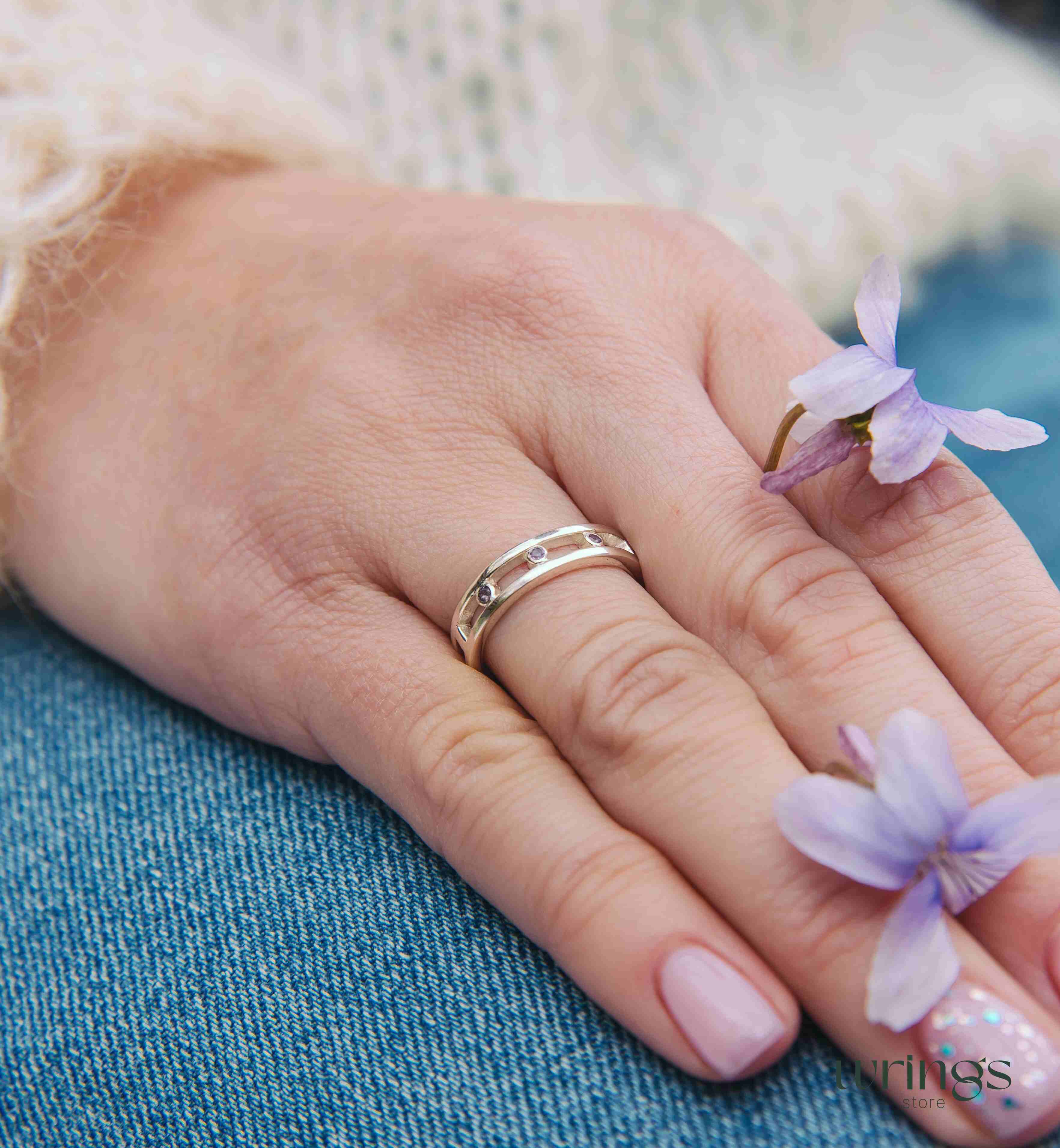 Open Sterling Silver Ring Multi Stone Amethysts Bezel