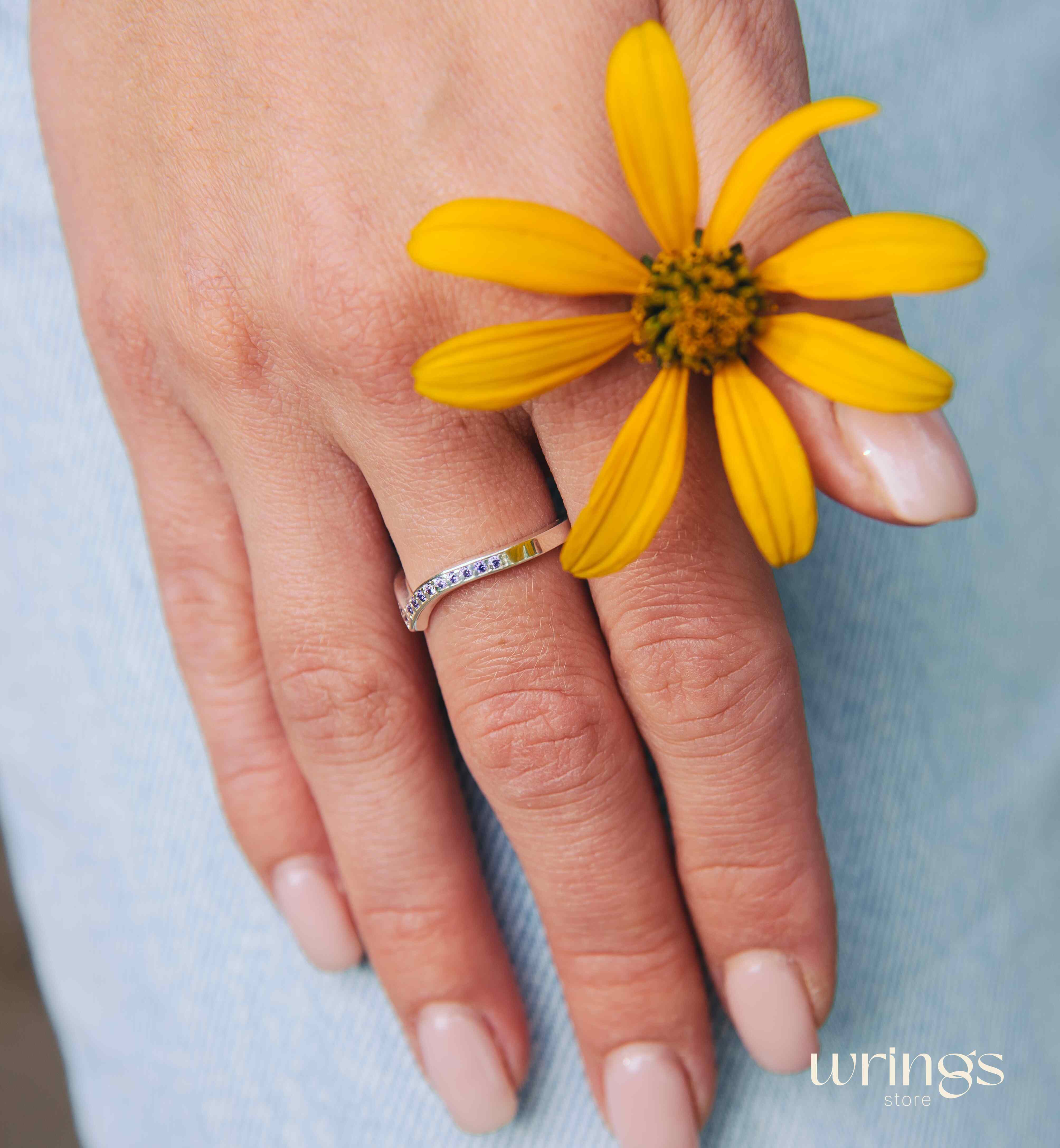 Amethyst Multi Gemstones Silver Chevron Wedding Ring