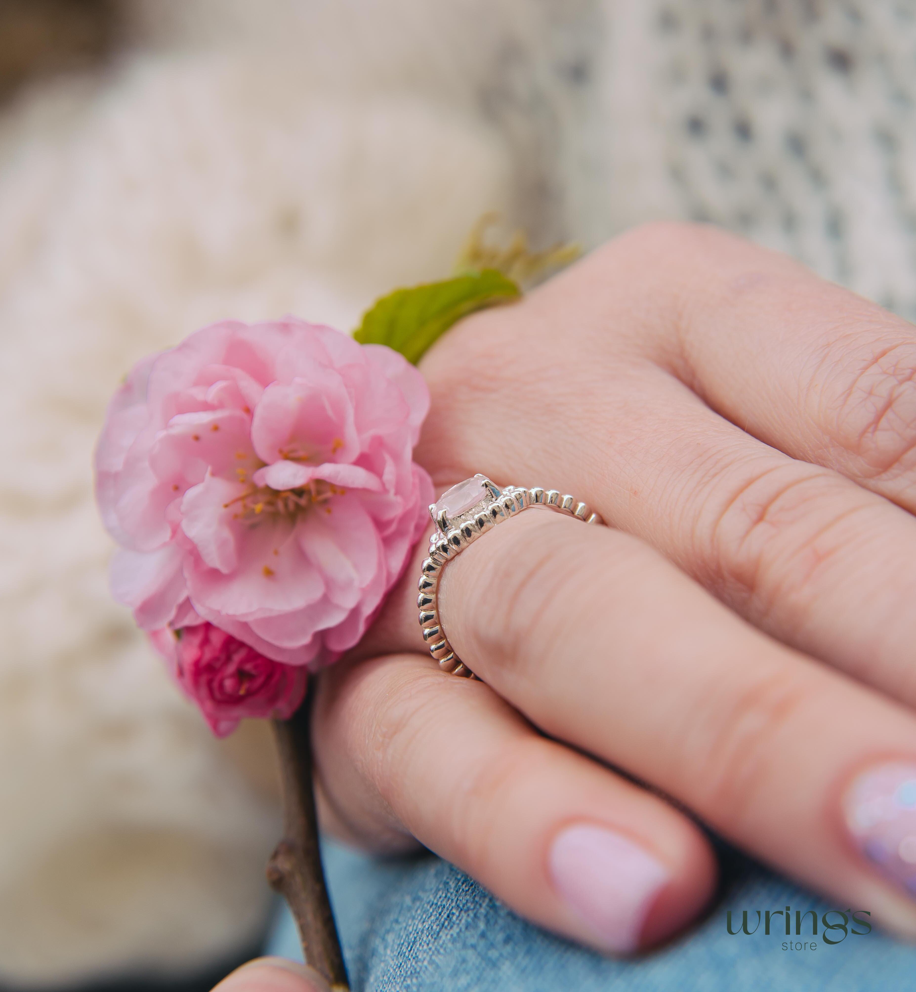 Large Peach Quartz Gemstone Statement Silver Bead Ring