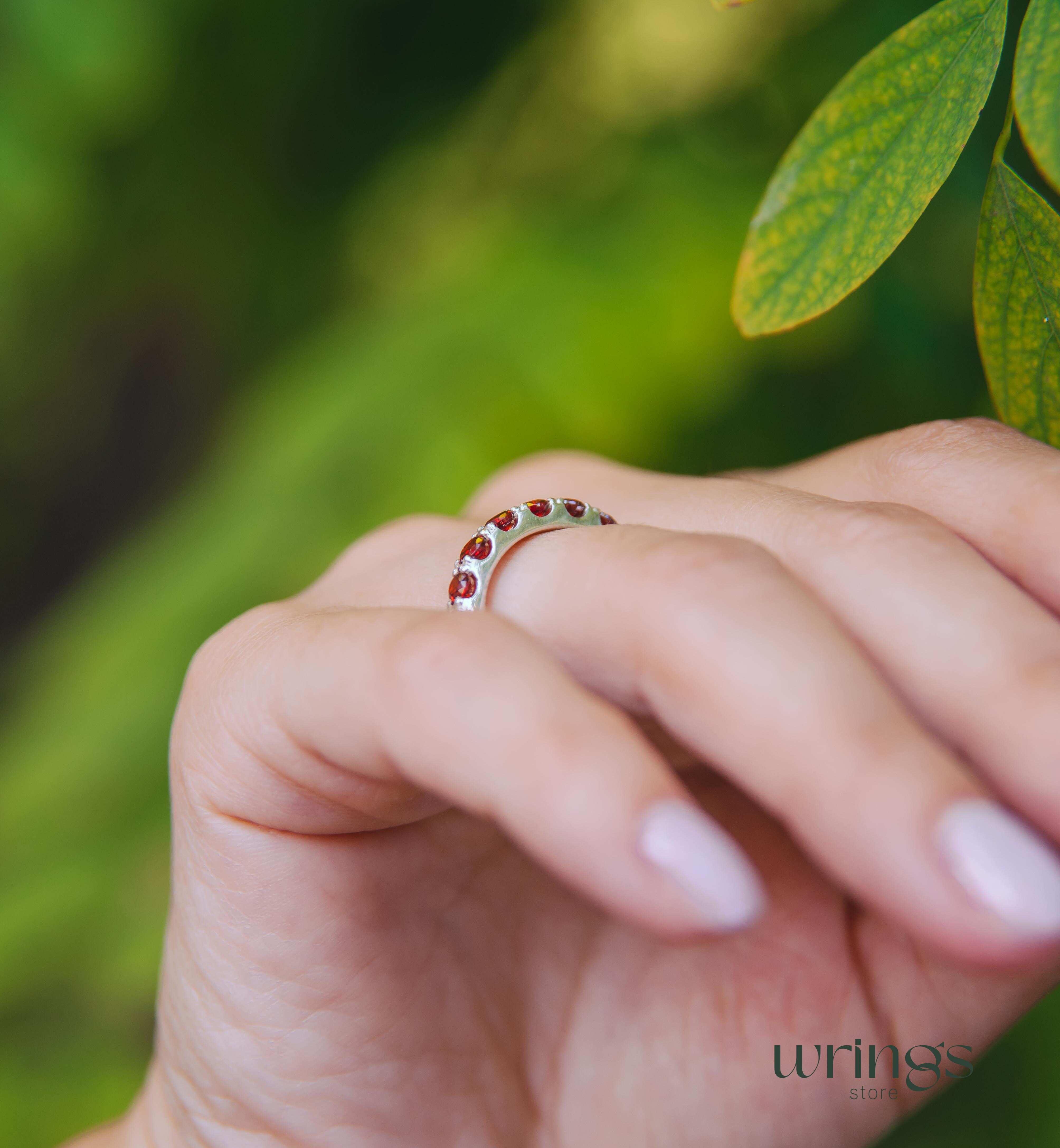 7 Natural Garnets Multi Stone Wedding Band Silver