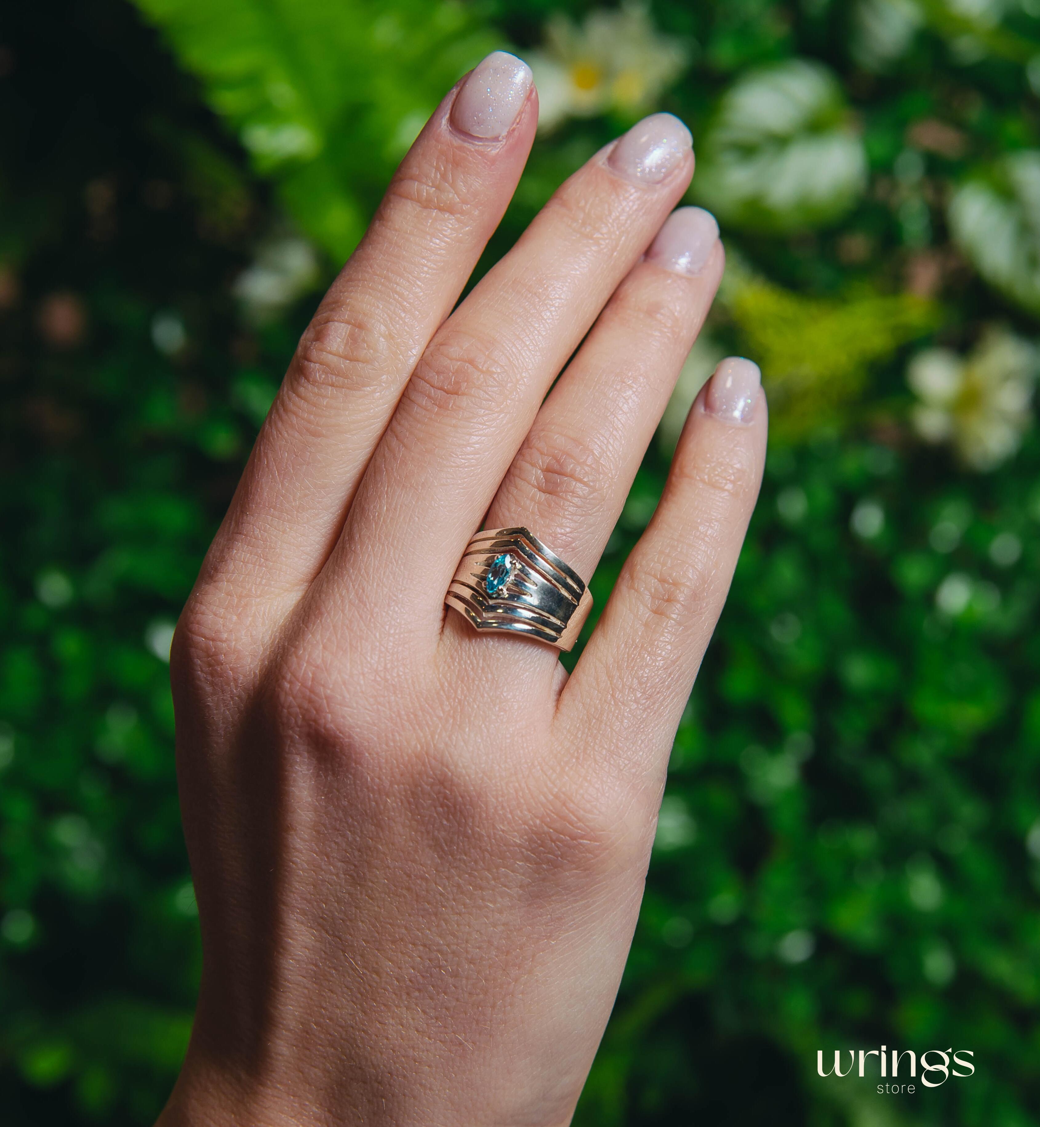 Extra Wide Cocktail Ring Dome Double Chevron with Topaz