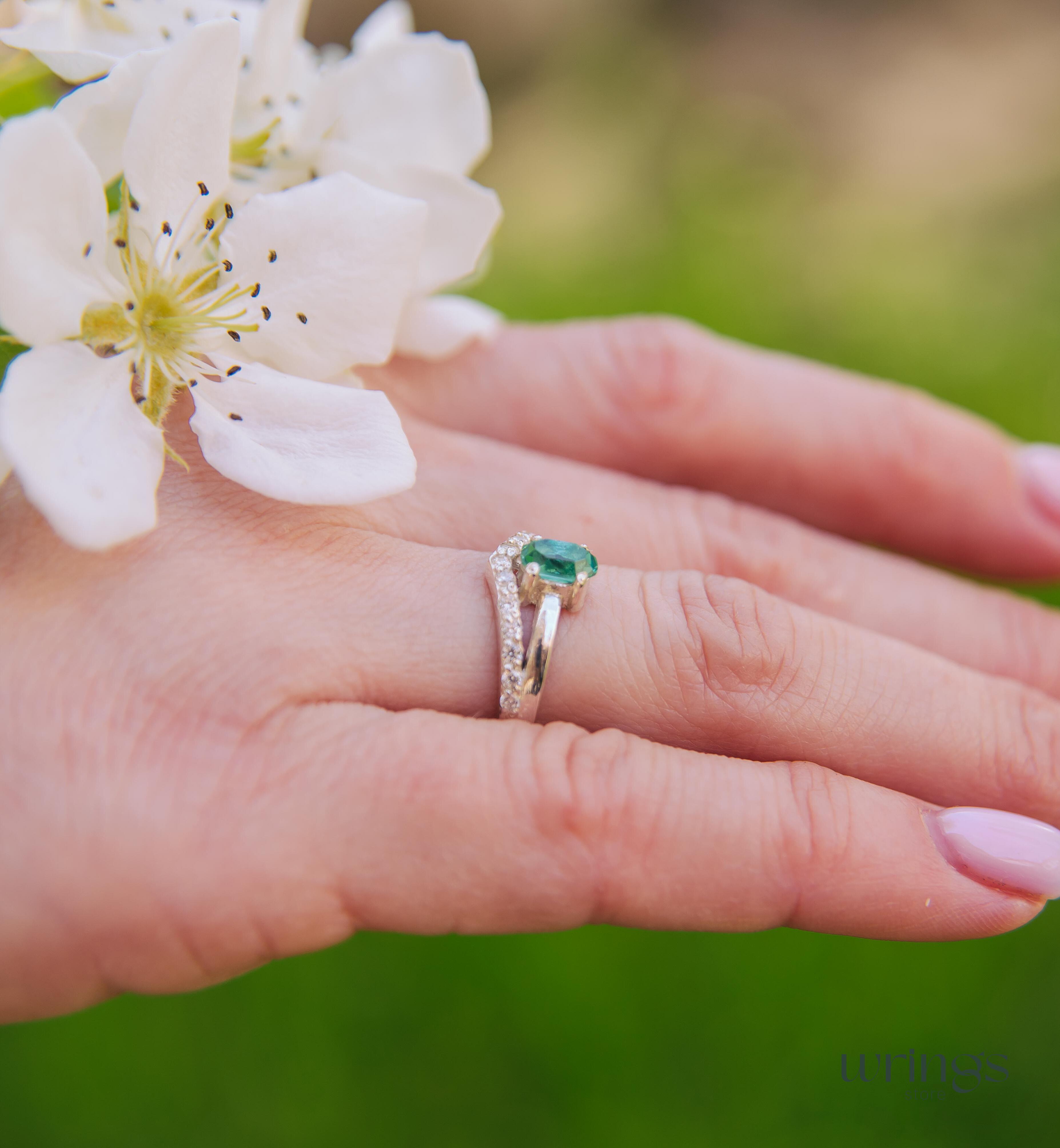 V Shaped Engagement Ring Vertical Oval Green Quartz & CZ