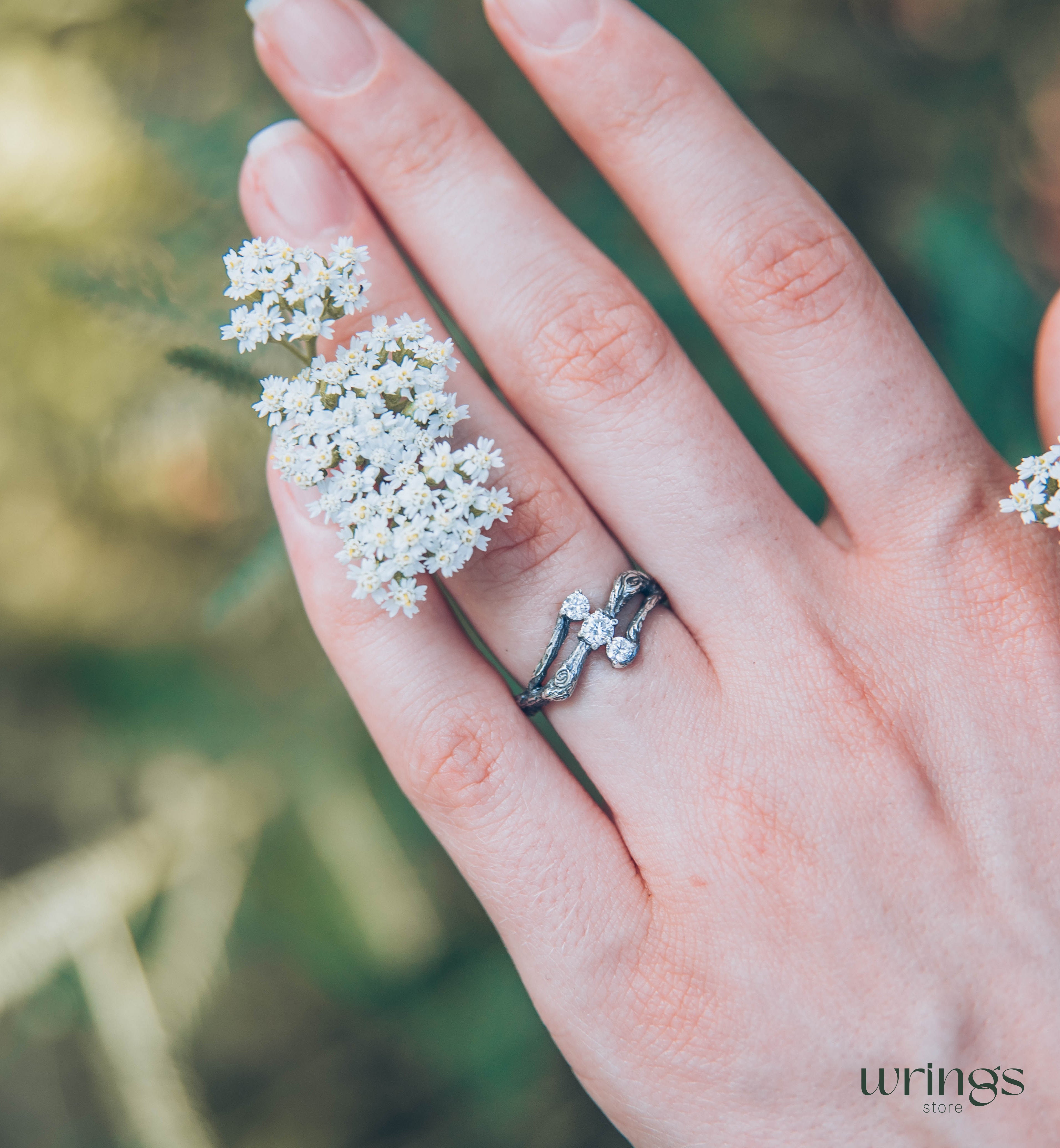 Three Stones on a Three Silver Twigs Cute Engagement Ring