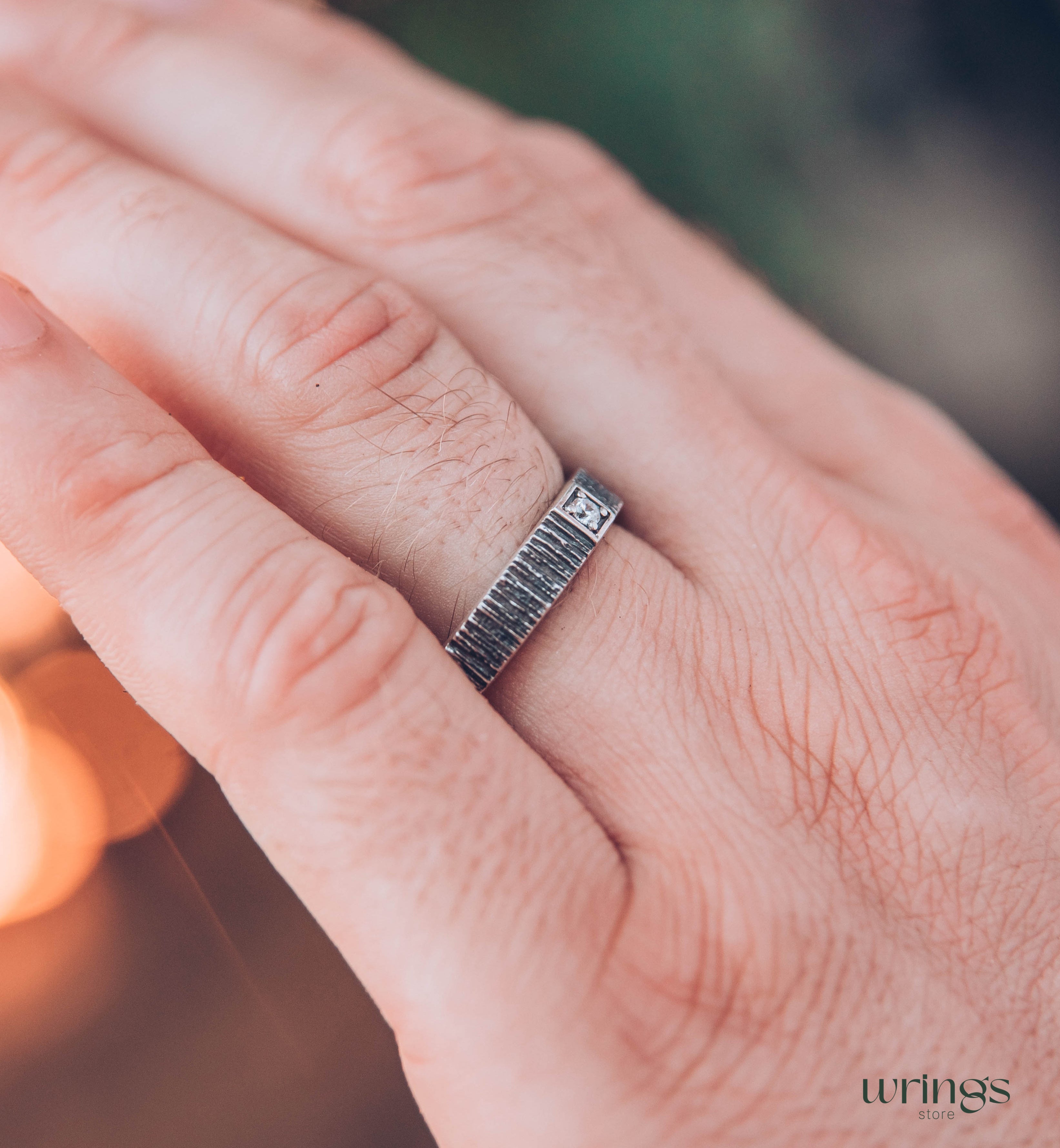 Simple Diamond Men's Wedding Ring band with Tree bark texture