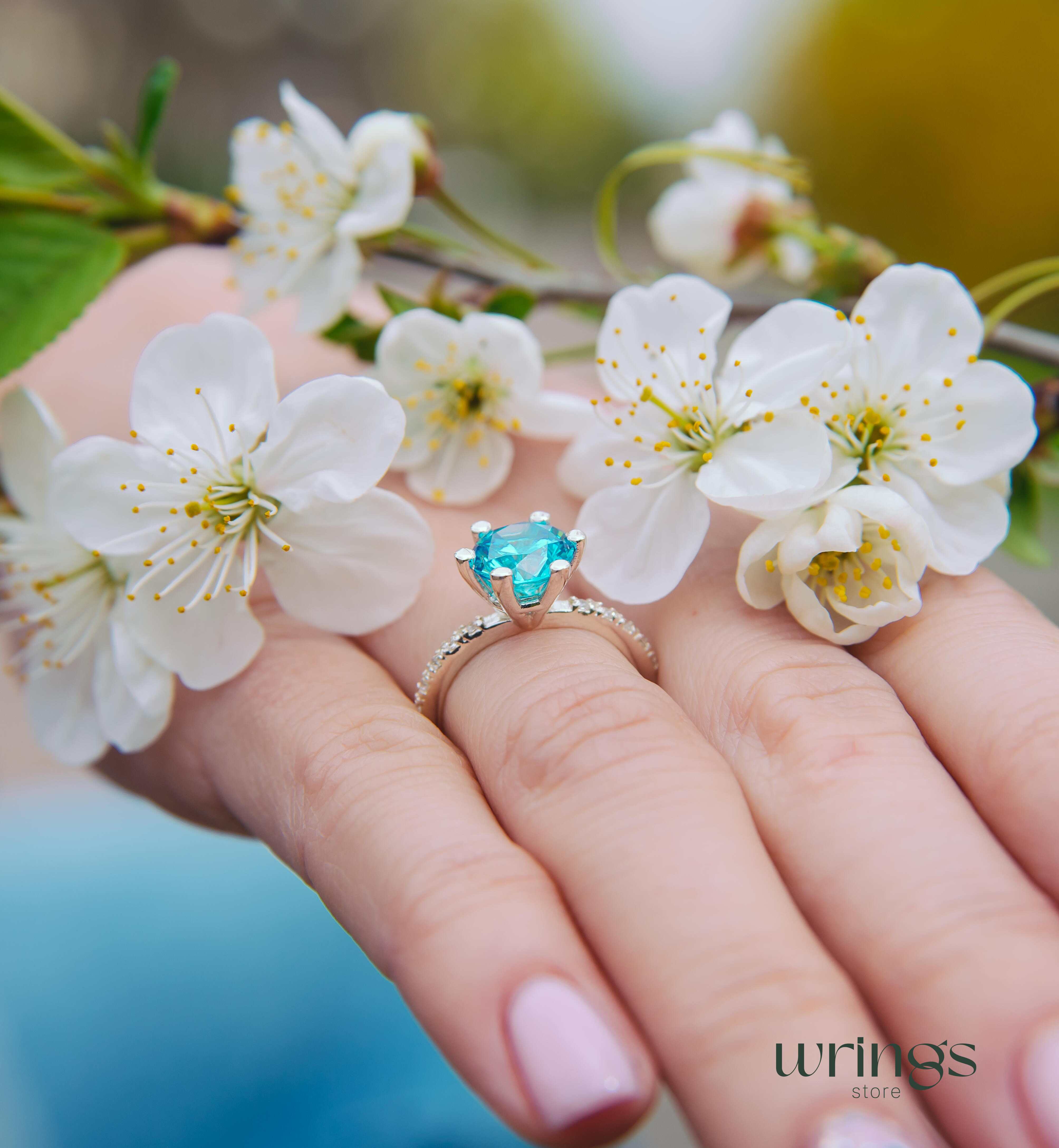 Large Round Swiss Blue Topaz Engagement Ring & Side CZ