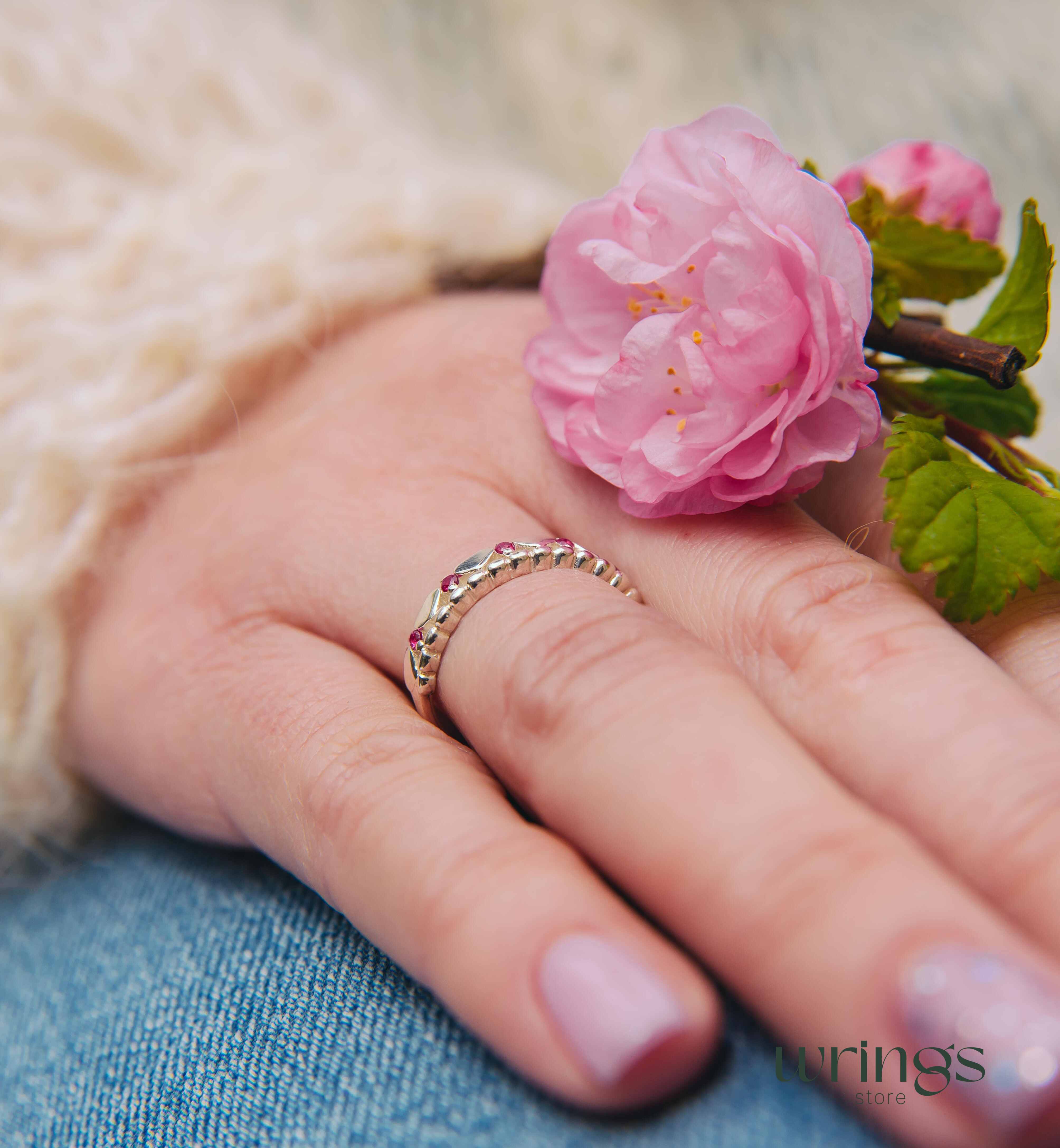 Genuine Multiple Rubies Silver Beaded Heart Promise Ring