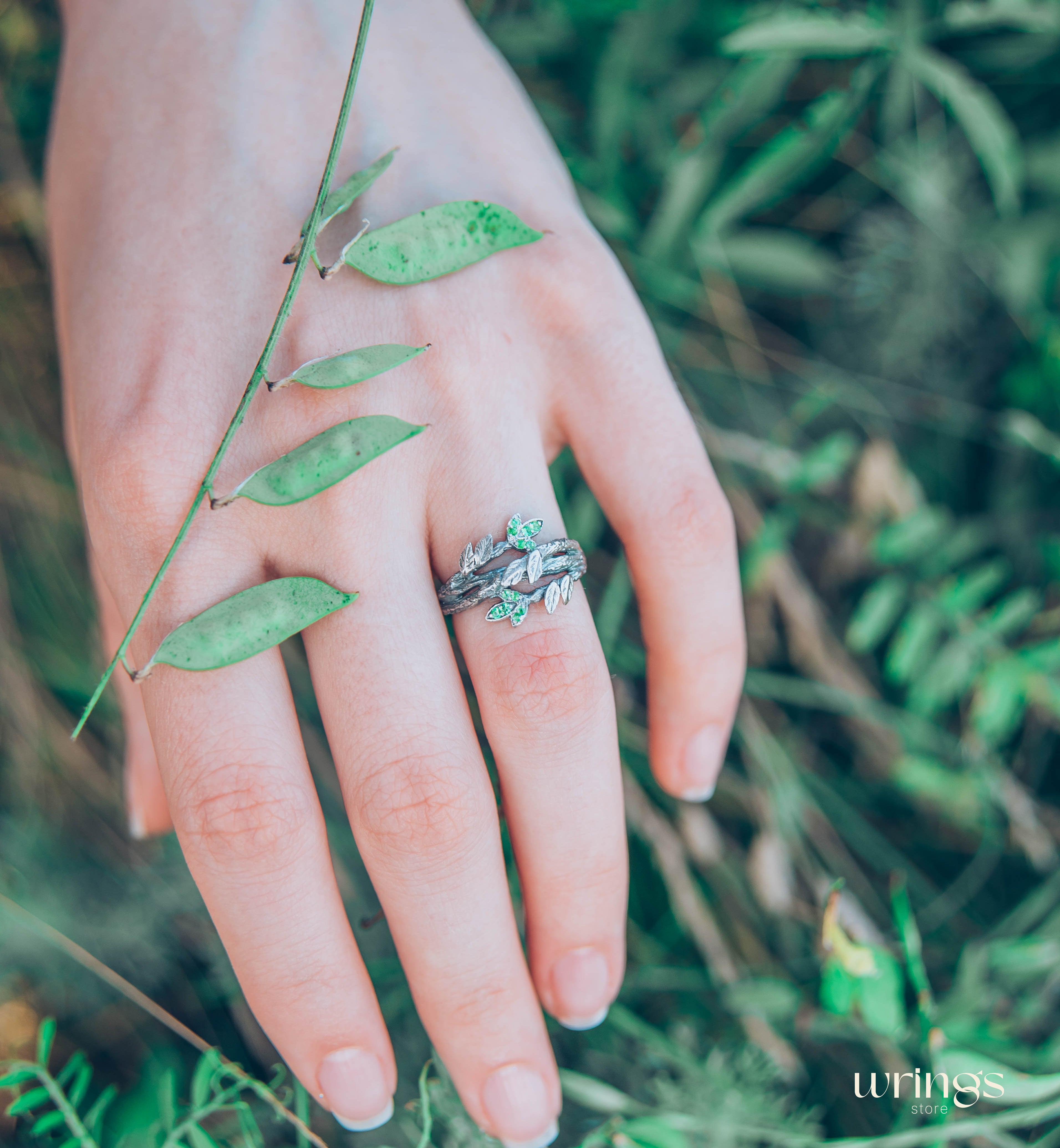 Leaves with Emeralds on the Braided Twigs Ring
