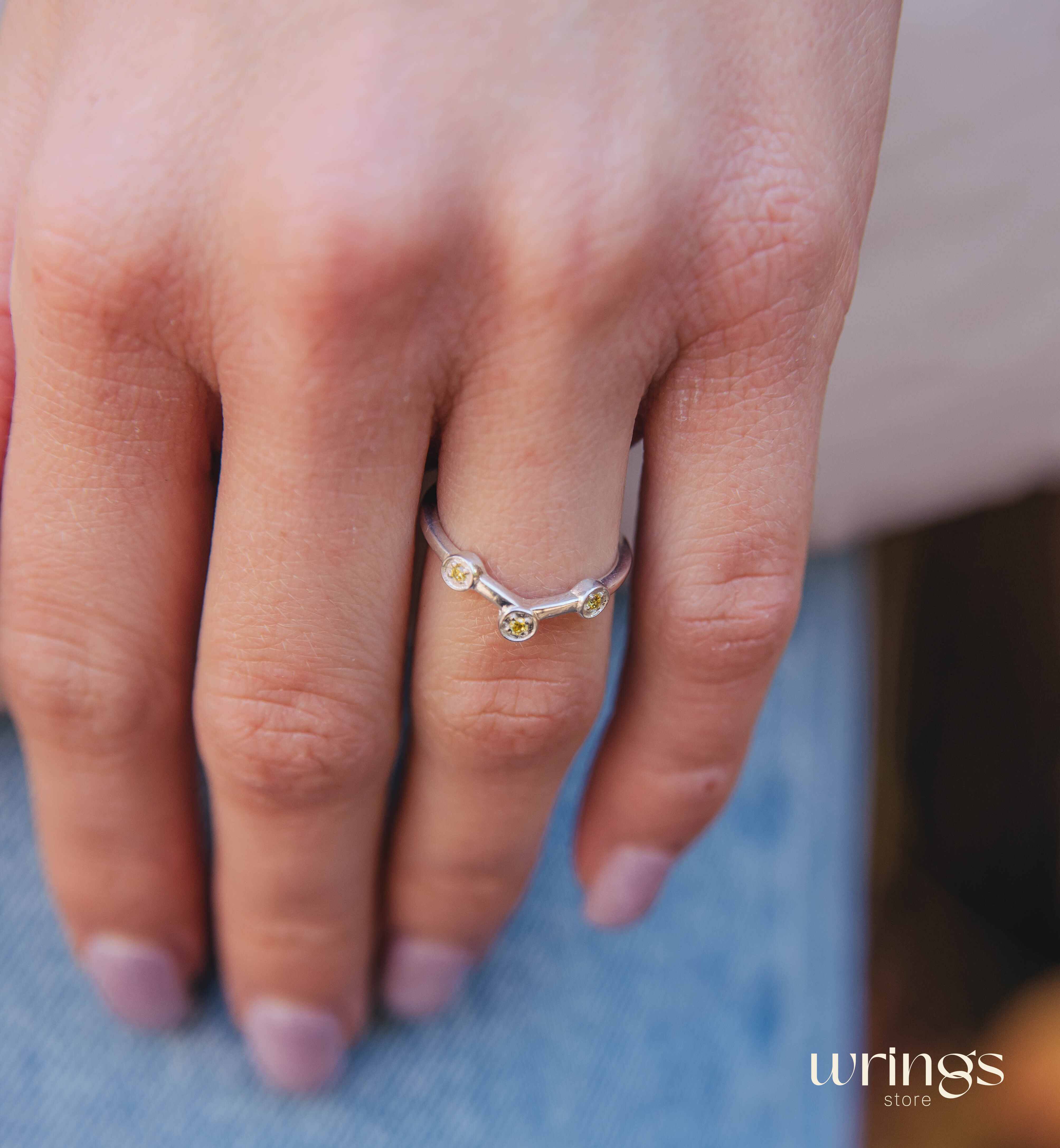 Cute Citrines in 3 Small Dots Silver Curved Ring