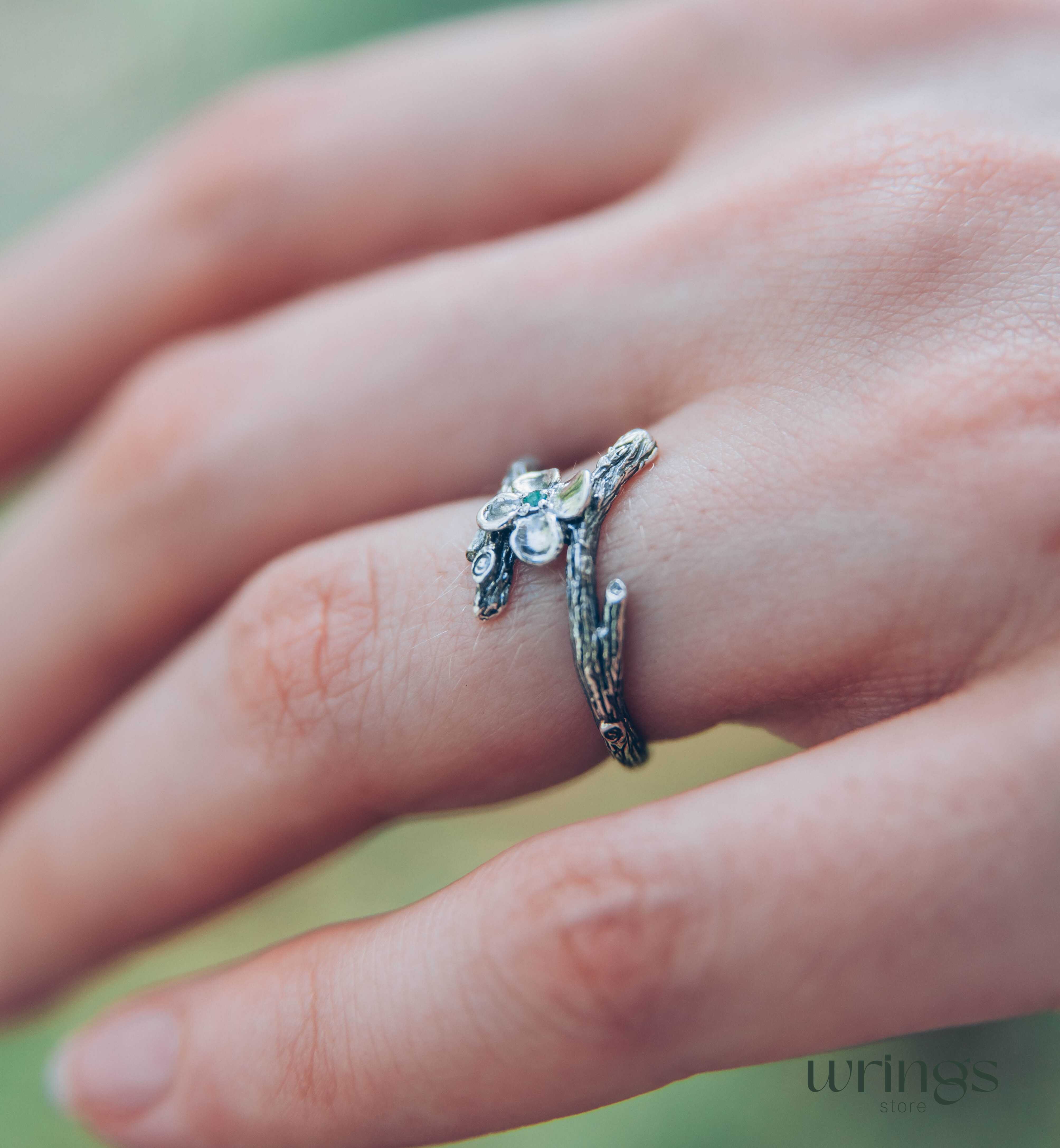 Dainty Quatrefoil flower Ring with Emerald and tiny Branch