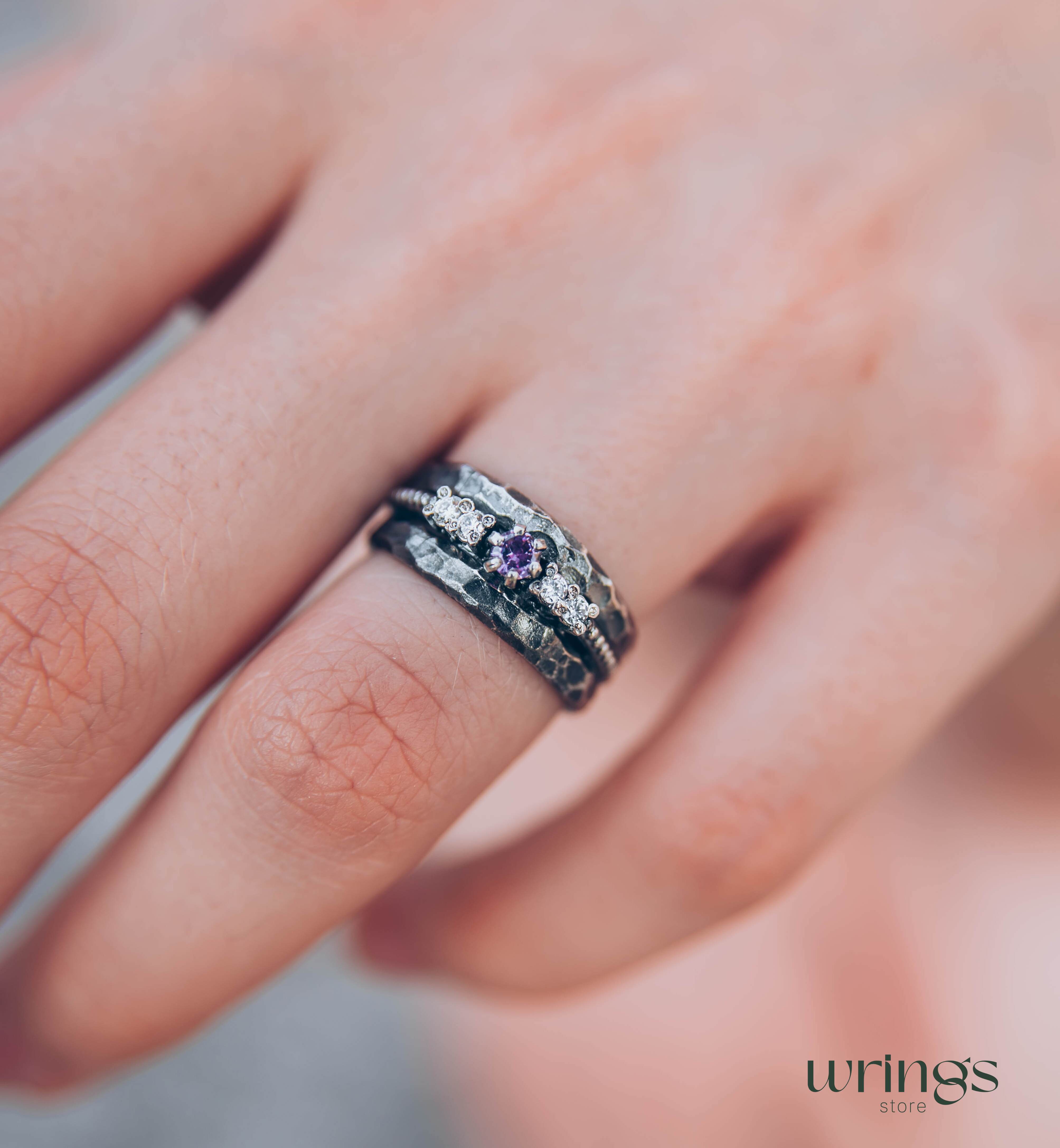 Unique Silver Women's Hammered Ring with Amethyst and CZ