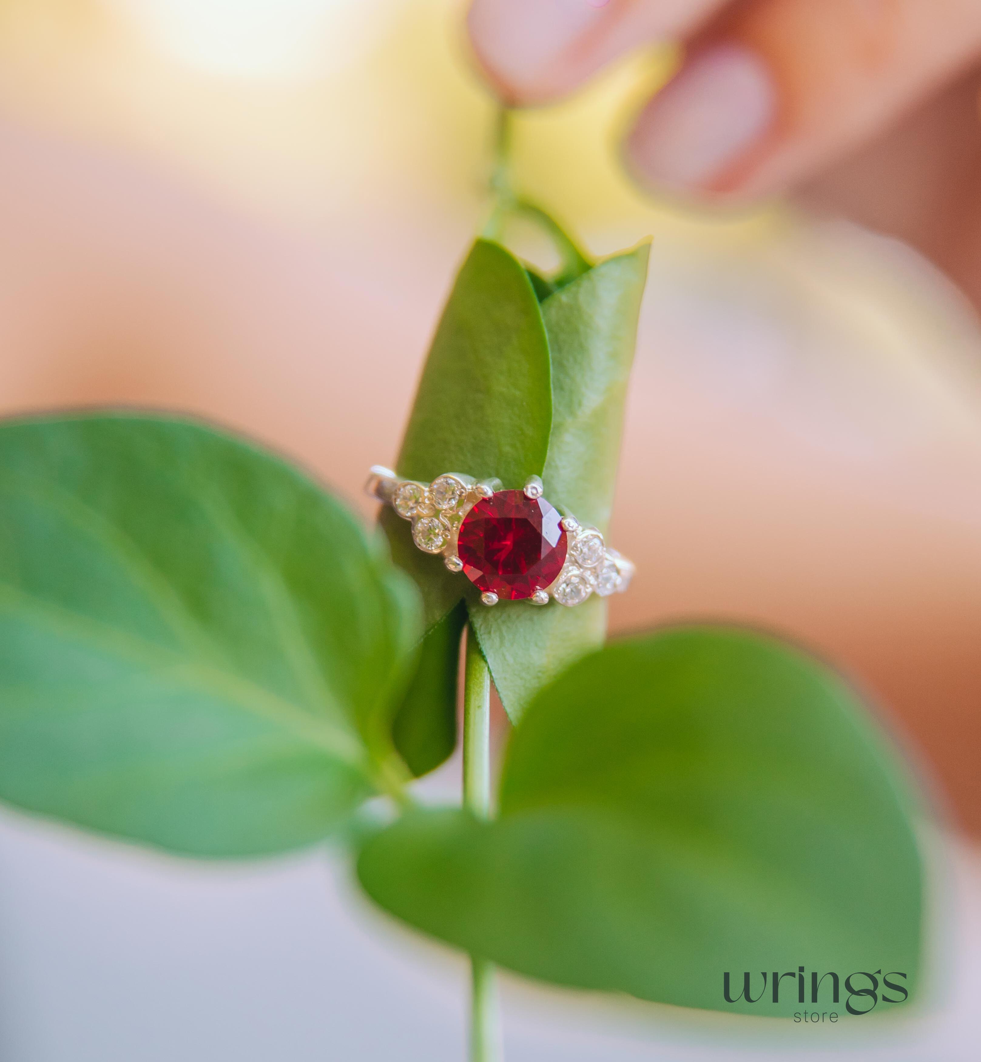 Large Red stone Statement Cluster Engagement Ring Silver