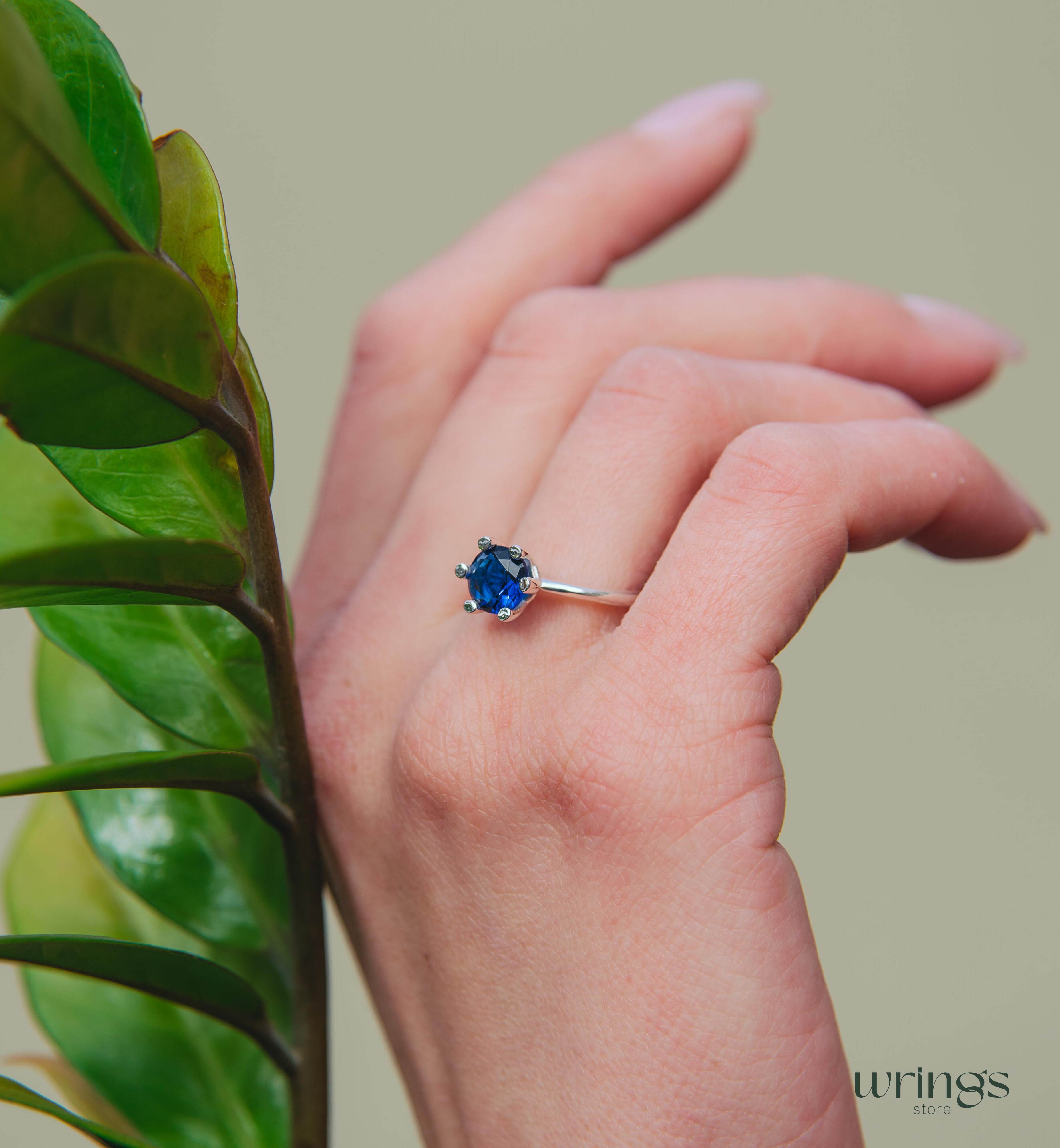Classic Solitaire Round Sapphire Engagement Ring Silver