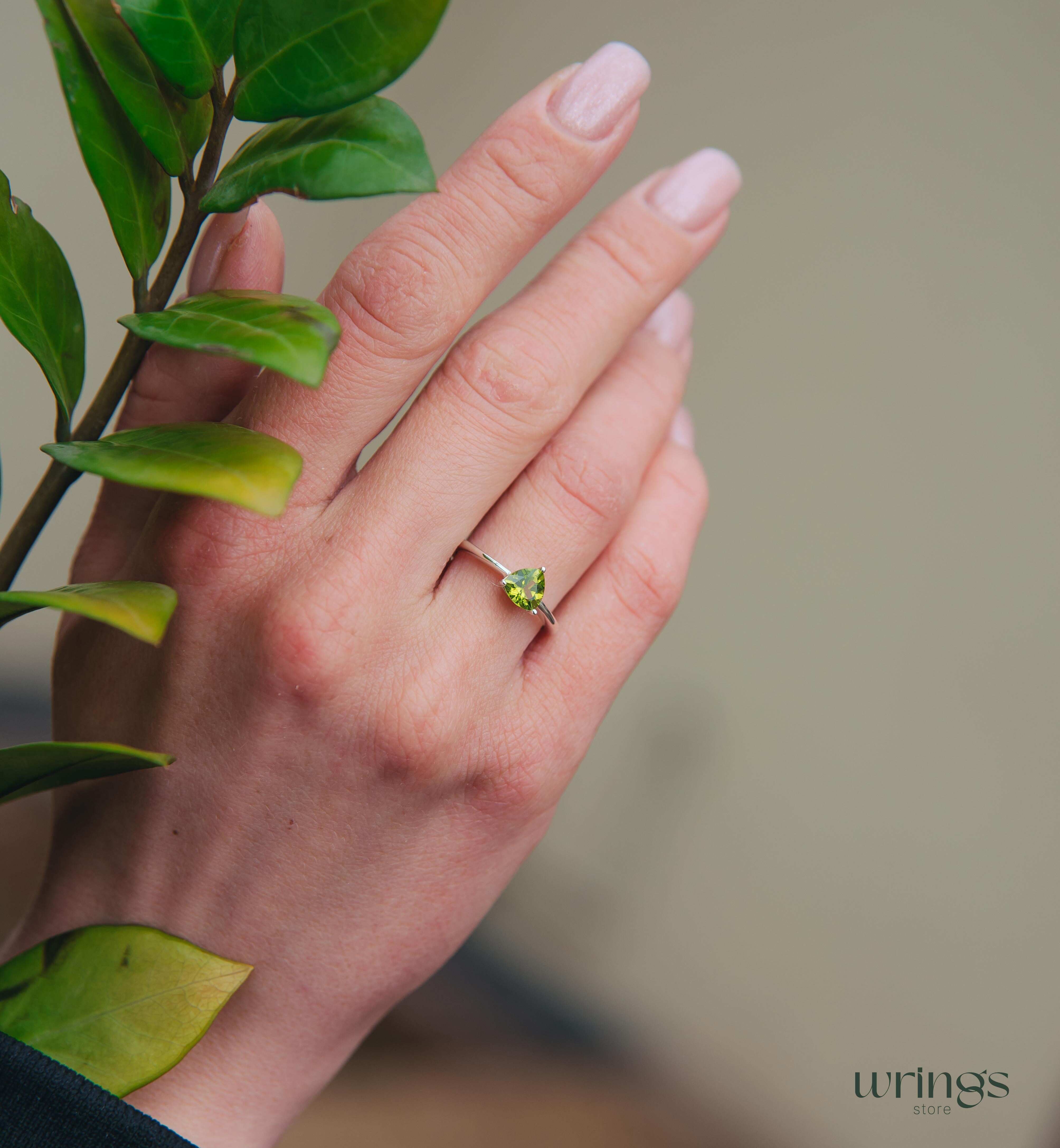 Classic Trilliant Solitaire Peridot Engagement Ring Silver