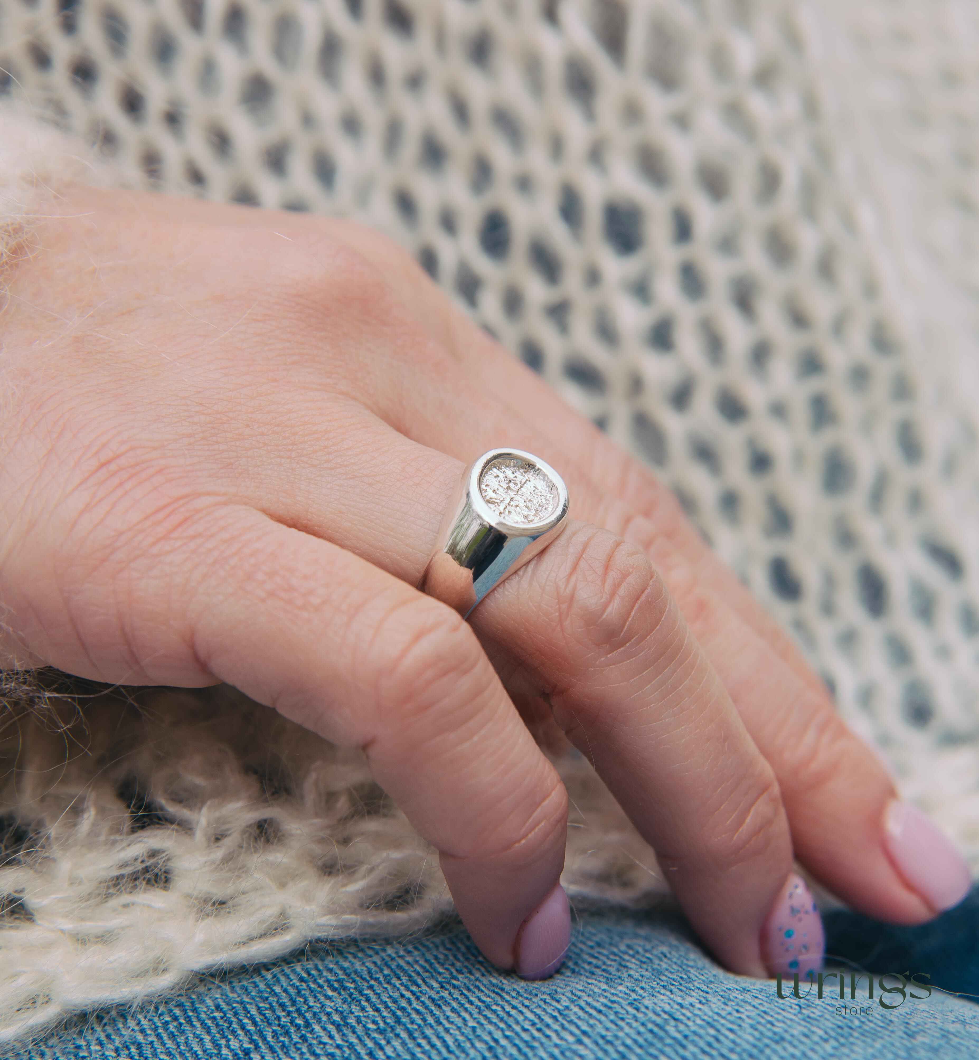 Unisex Silver Oval Signet Ring Hammered Centre