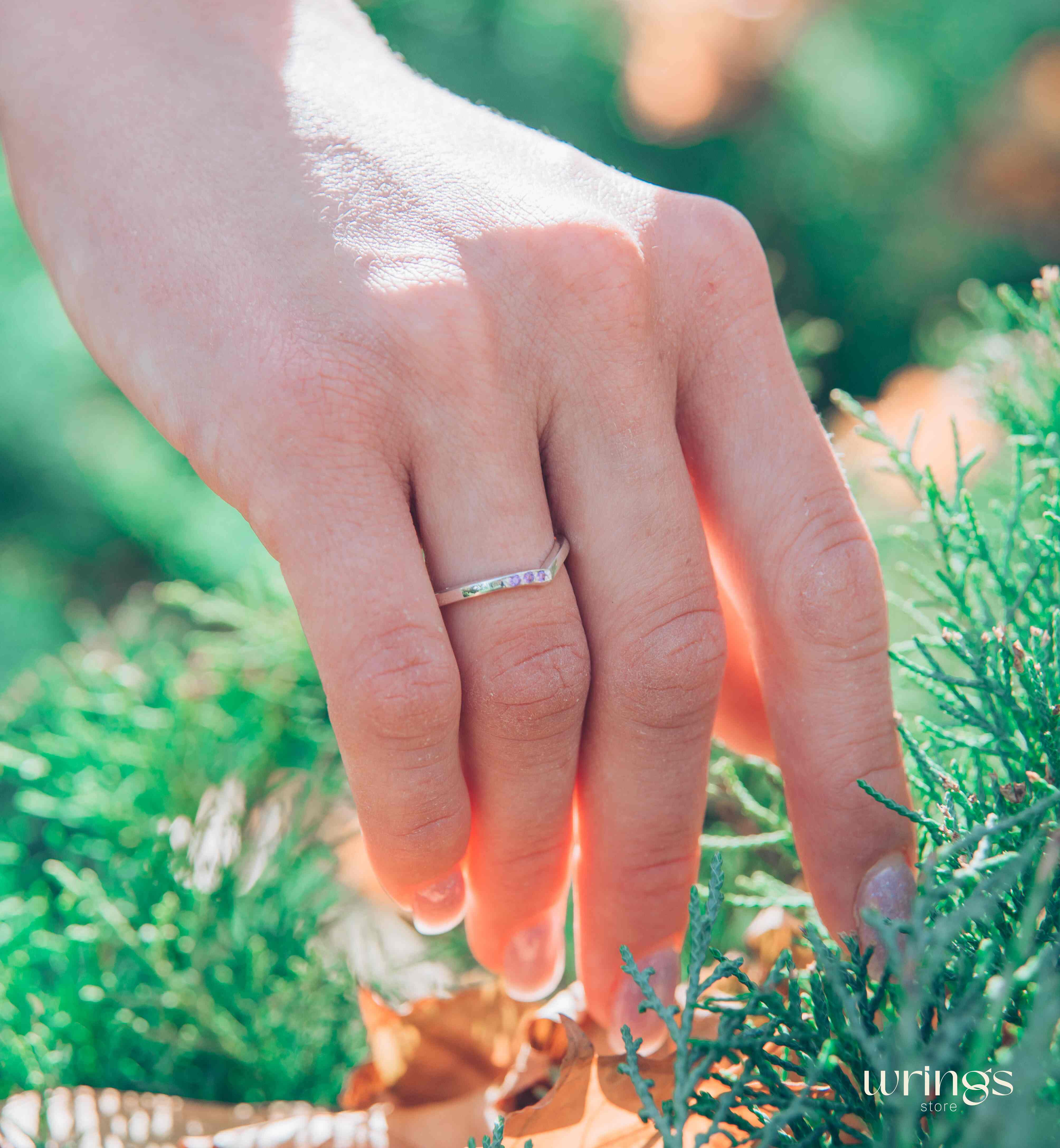 Silver Curved Chevron Wedding Band with 3 Amethysts