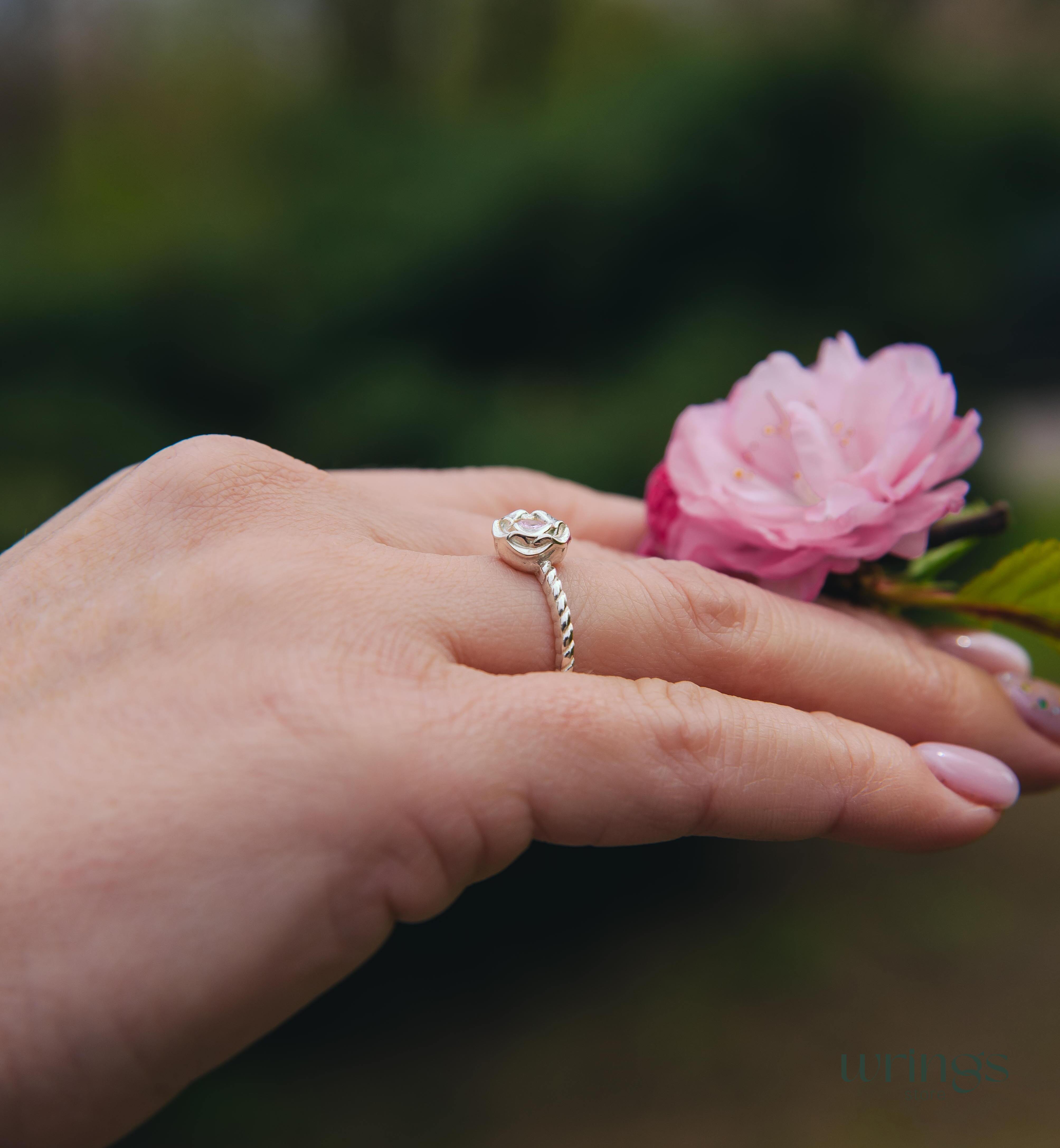 Sterling Silver Flower Ring with Simulated Rose Quartz