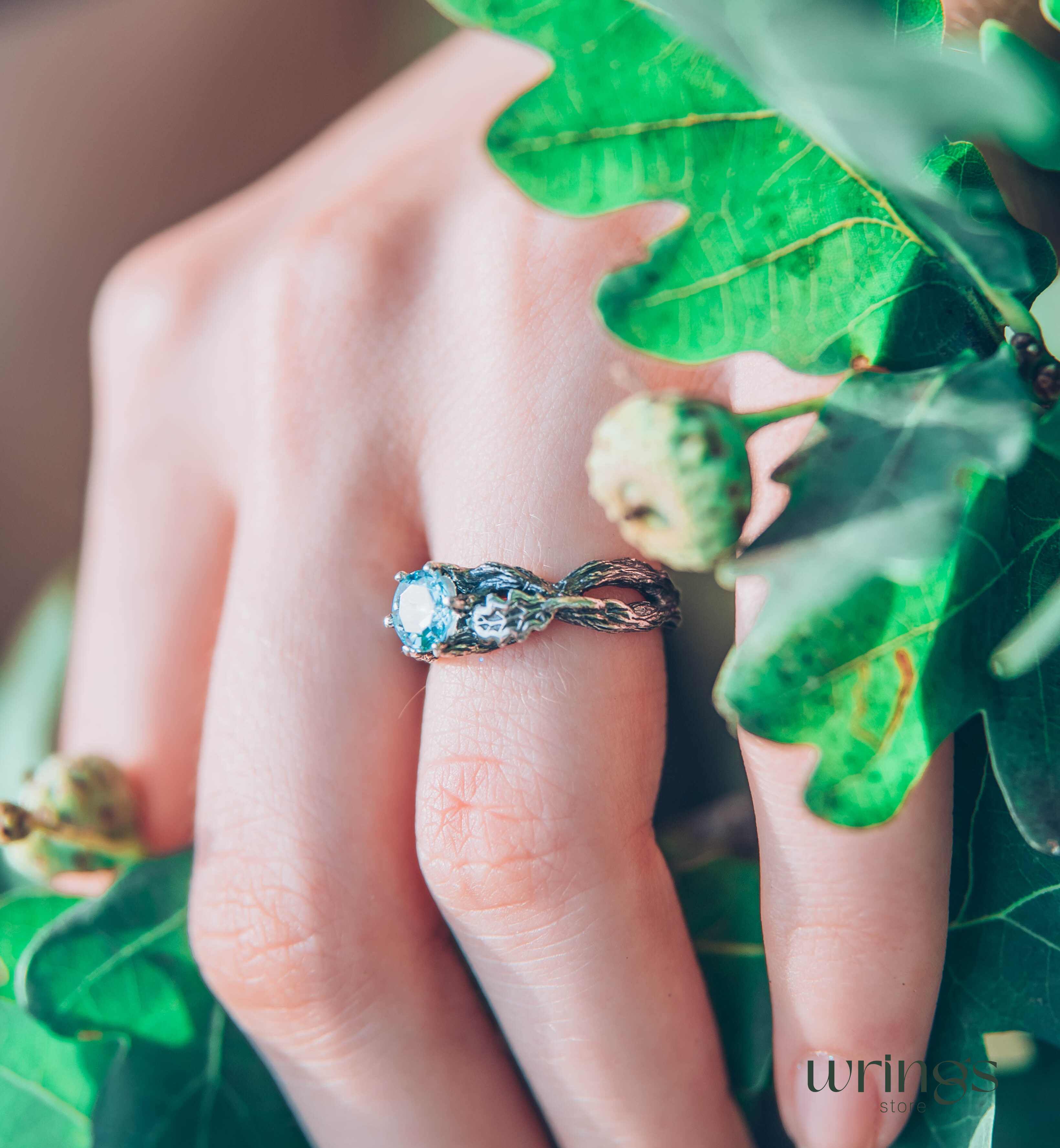 Topaz Engagement Ring — Silver Braided Branch and oak Leaves